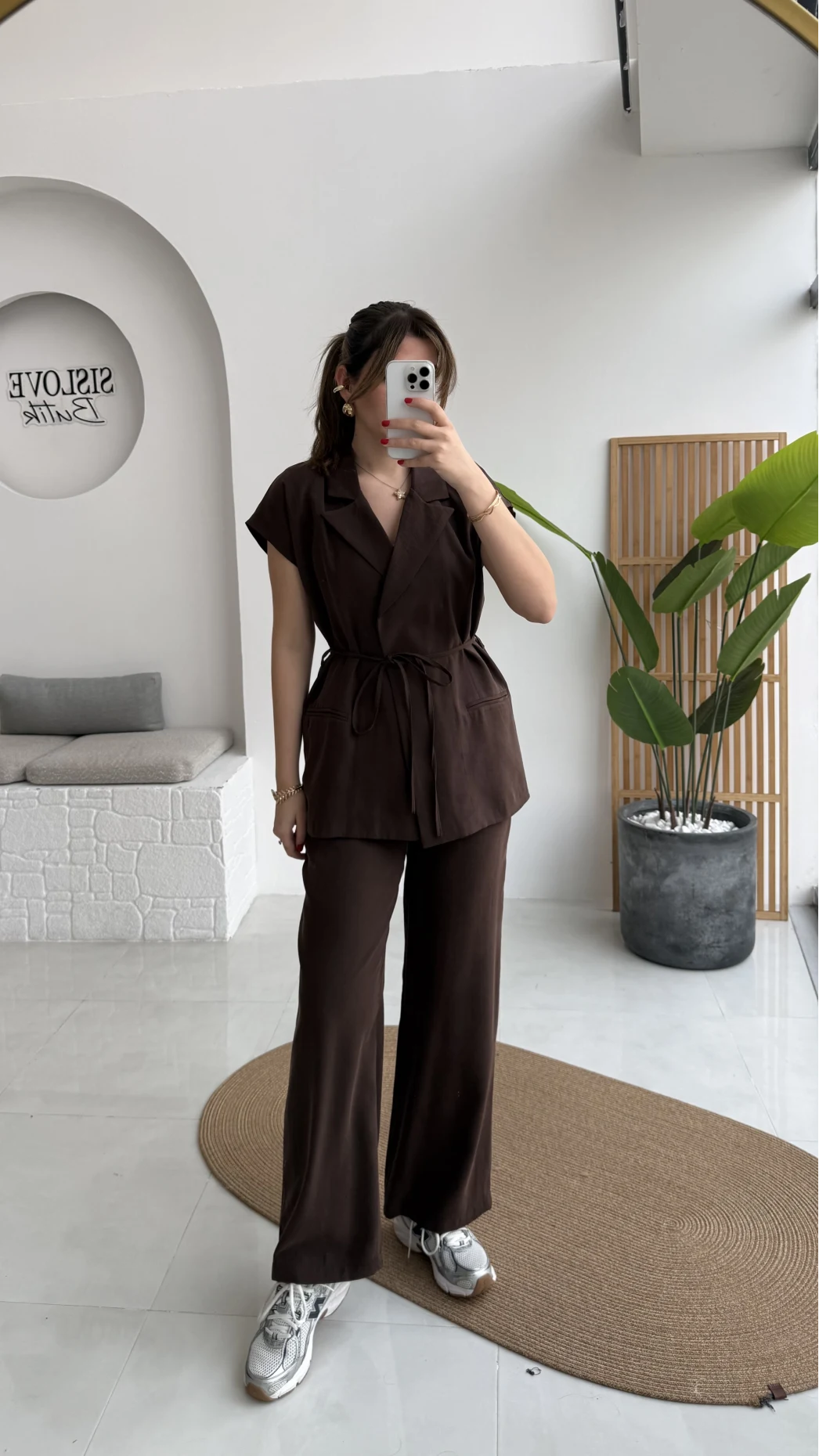 İp Bağlamalı Yelek Pantolon Takım - Kahverengi - Kod: 8021 4041