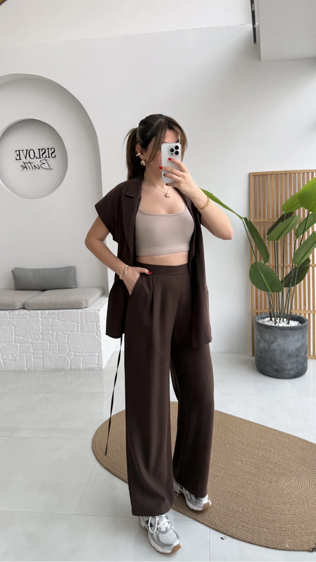 İp Bağlamalı Yelek Pantolon Takım - Kahverengi - Kod: 8021 4041