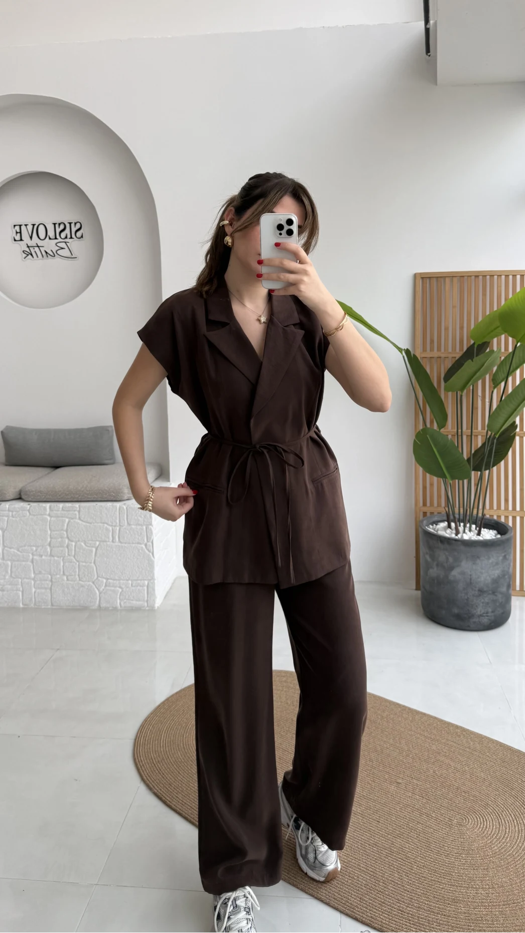 İp Bağlamalı Yelek Pantolon Takım - Kahverengi - Kod: 8021 4041