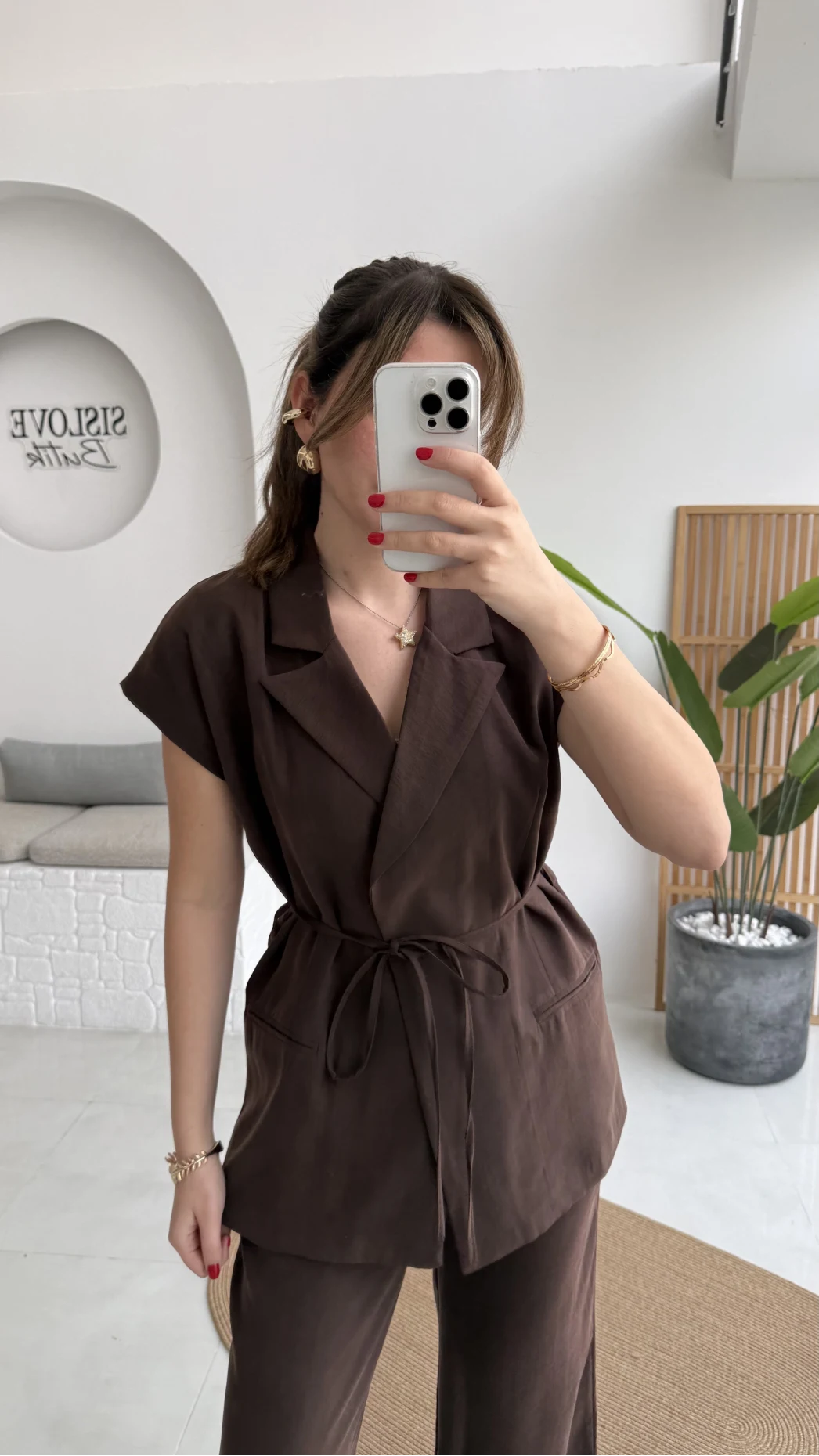 İp Bağlamalı Yelek Pantolon Takım - Kahverengi - Kod: 8021 4041