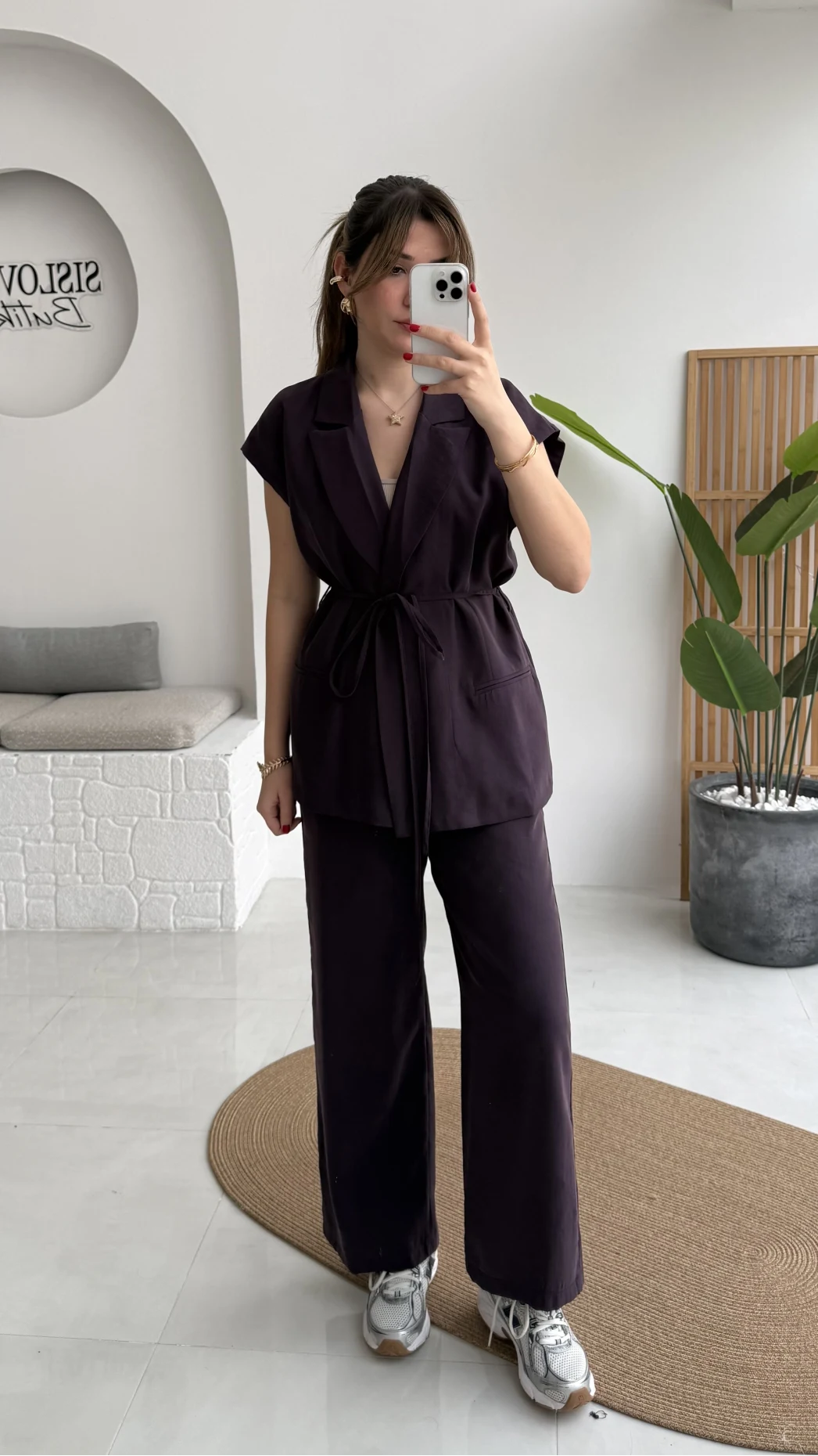 İp Bağlamalı Yelek Pantolon Takım - Mürdüm - Kod: 8021 4041