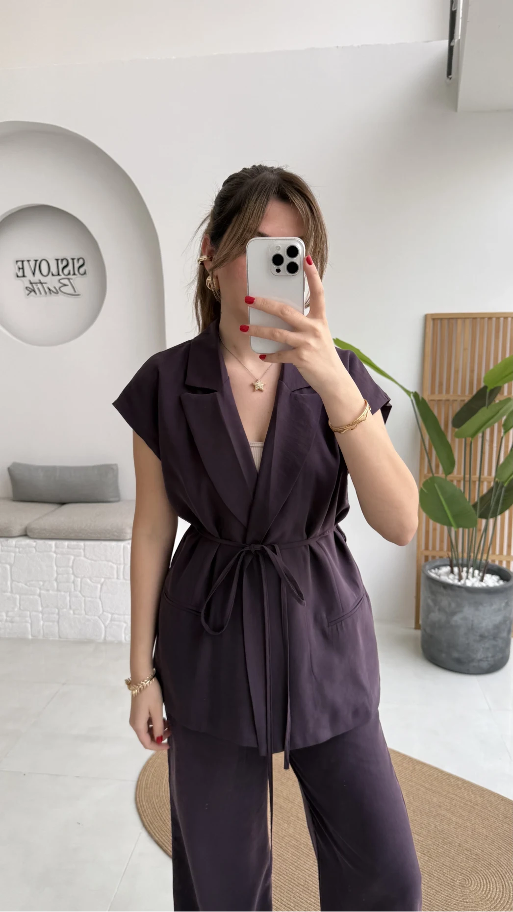 İp Bağlamalı Yelek Pantolon Takım - Mürdüm - Kod: 8021 4041