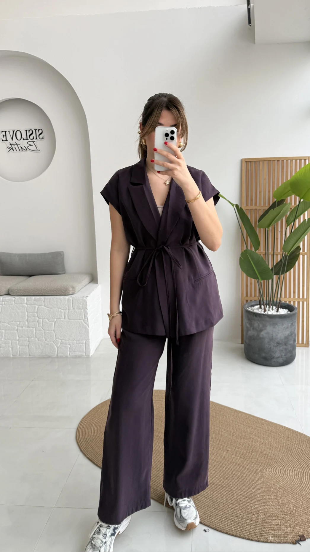 İp Bağlamalı Yelek Pantolon Takım - Mürdüm - Kod: 8021 4041