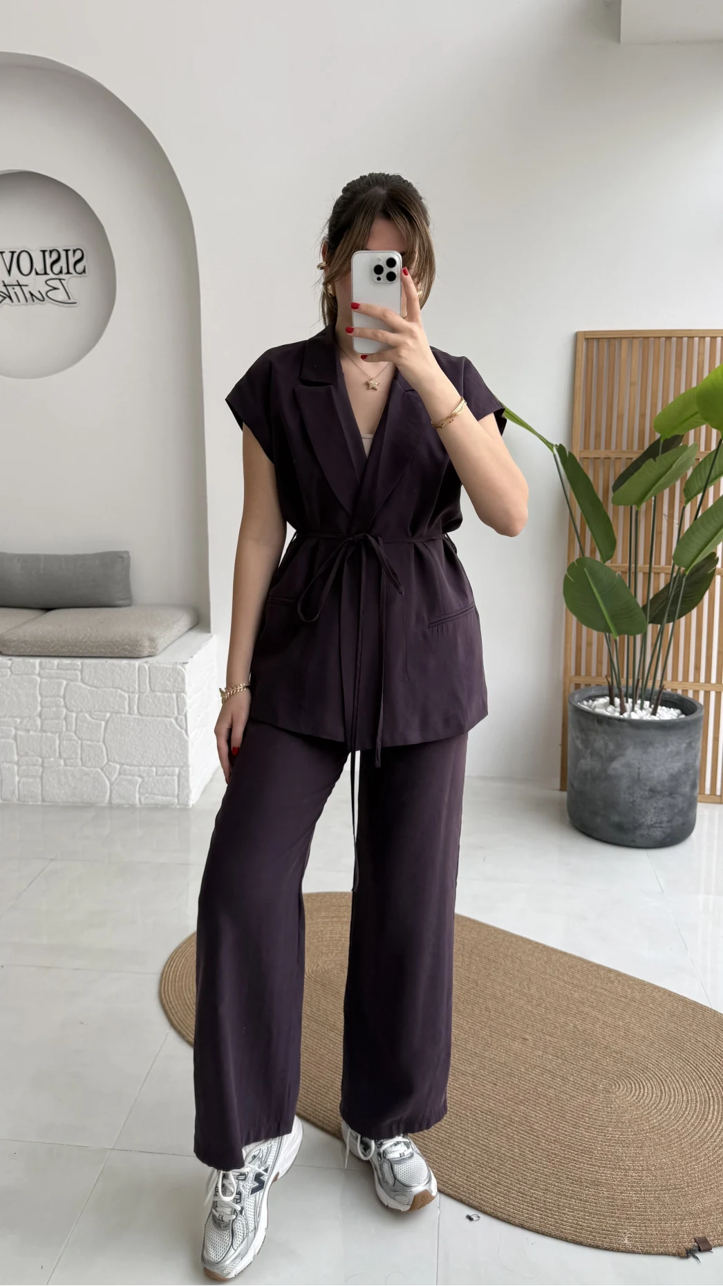 İp Bağlamalı Yelek Pantolon Takım - Mürdüm - Kod: 8021 4041