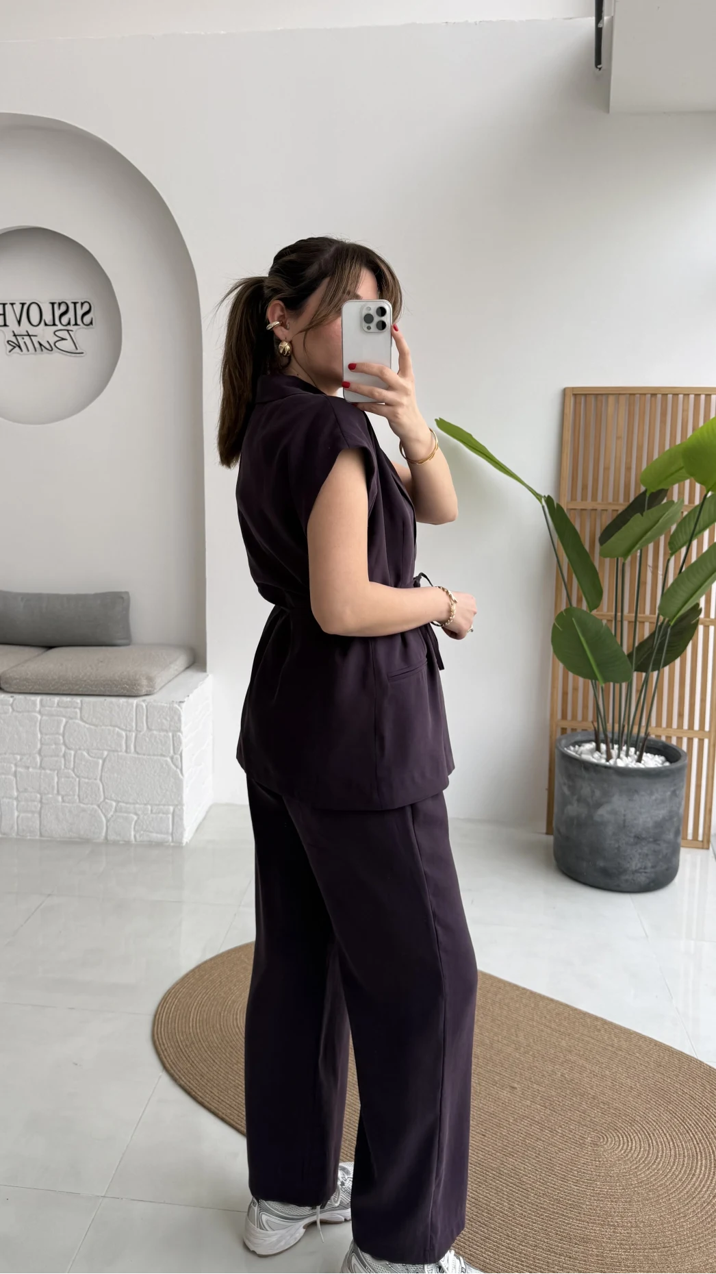 İp Bağlamalı Yelek Pantolon Takım - Mürdüm - Kod: 8021 4041