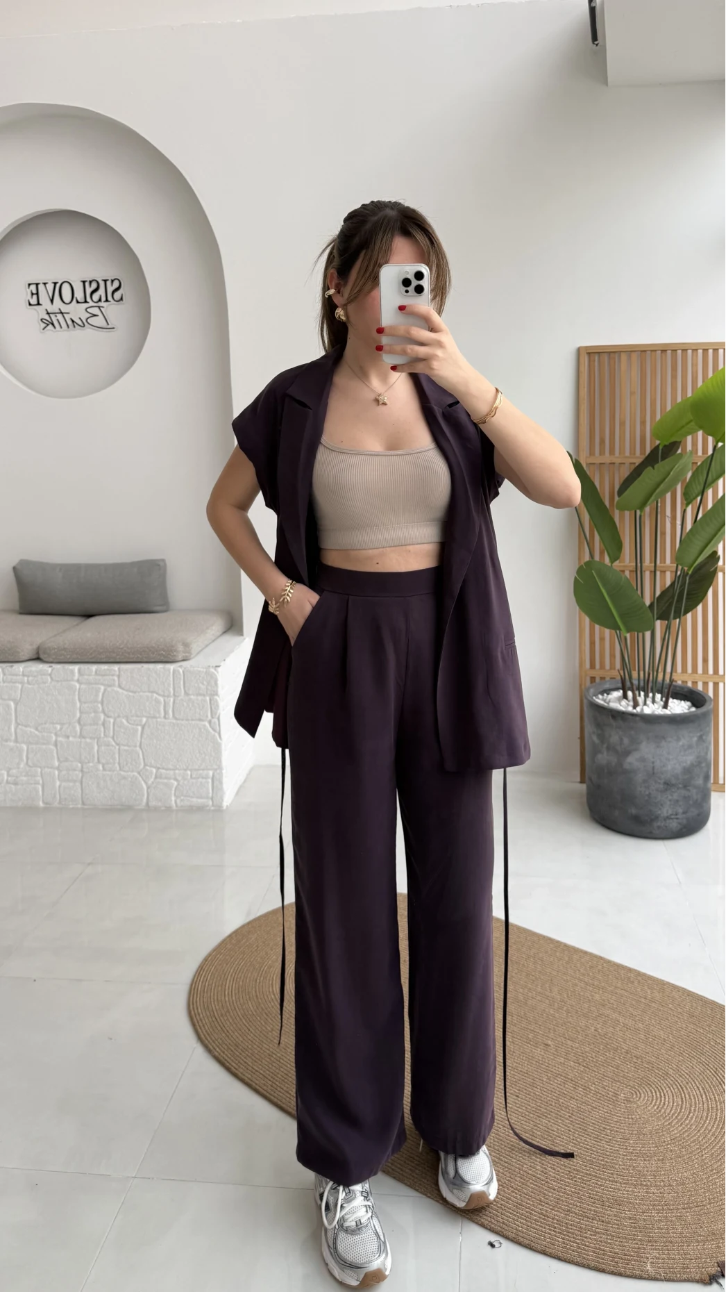 İp Bağlamalı Yelek Pantolon Takım - Mürdüm - Kod: 8021 4041