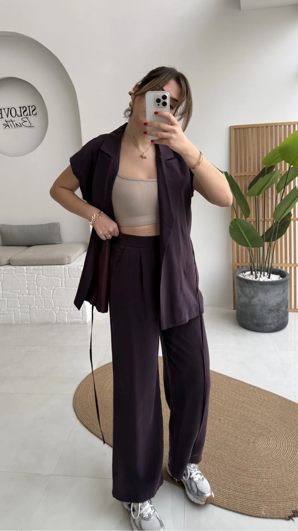 İp Bağlamalı Yelek Pantolon Takım - Mürdüm - Kod: 8021 4041