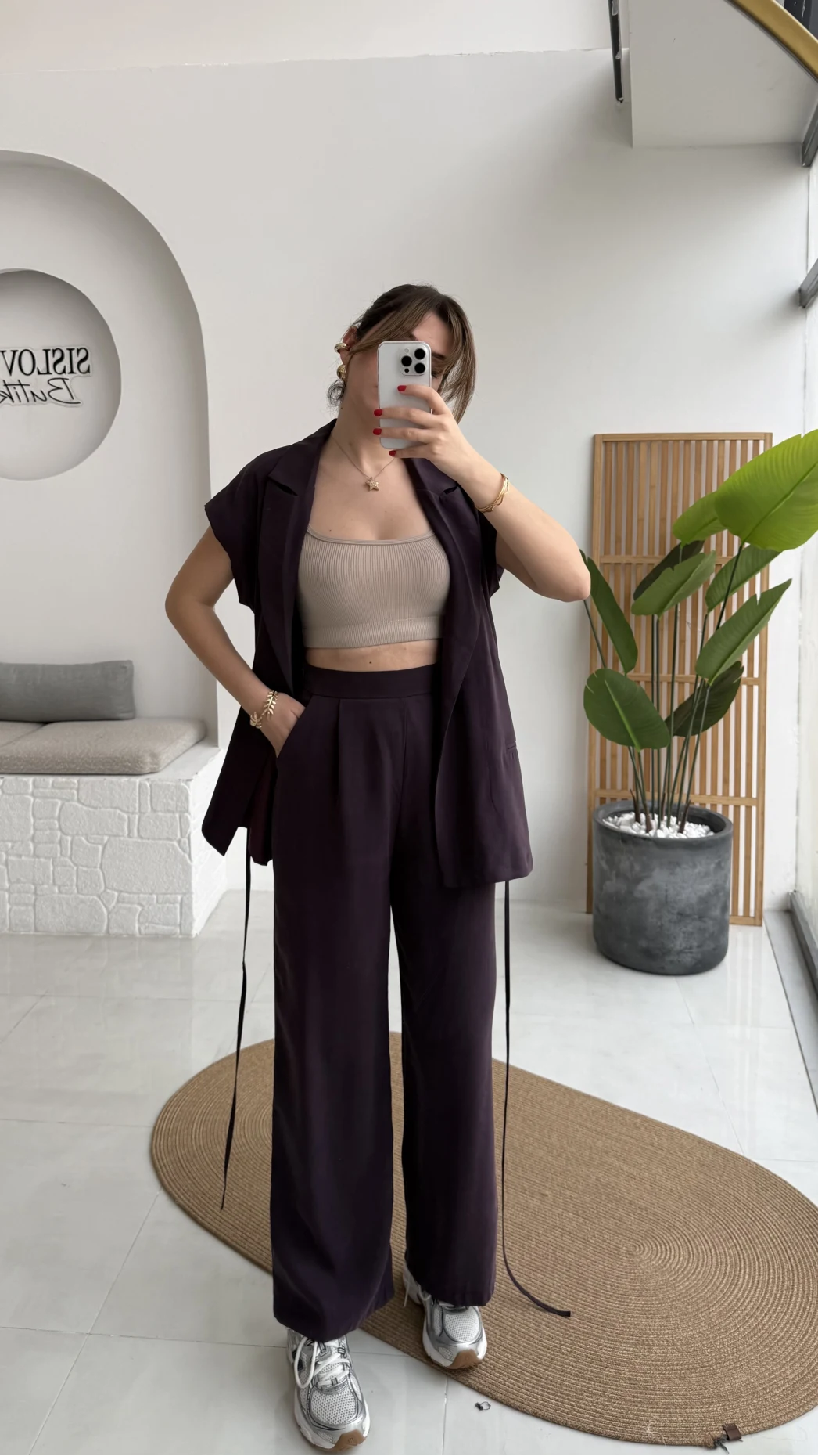 İp Bağlamalı Yelek Pantolon Takım - Mürdüm - Kod: 8021 4041