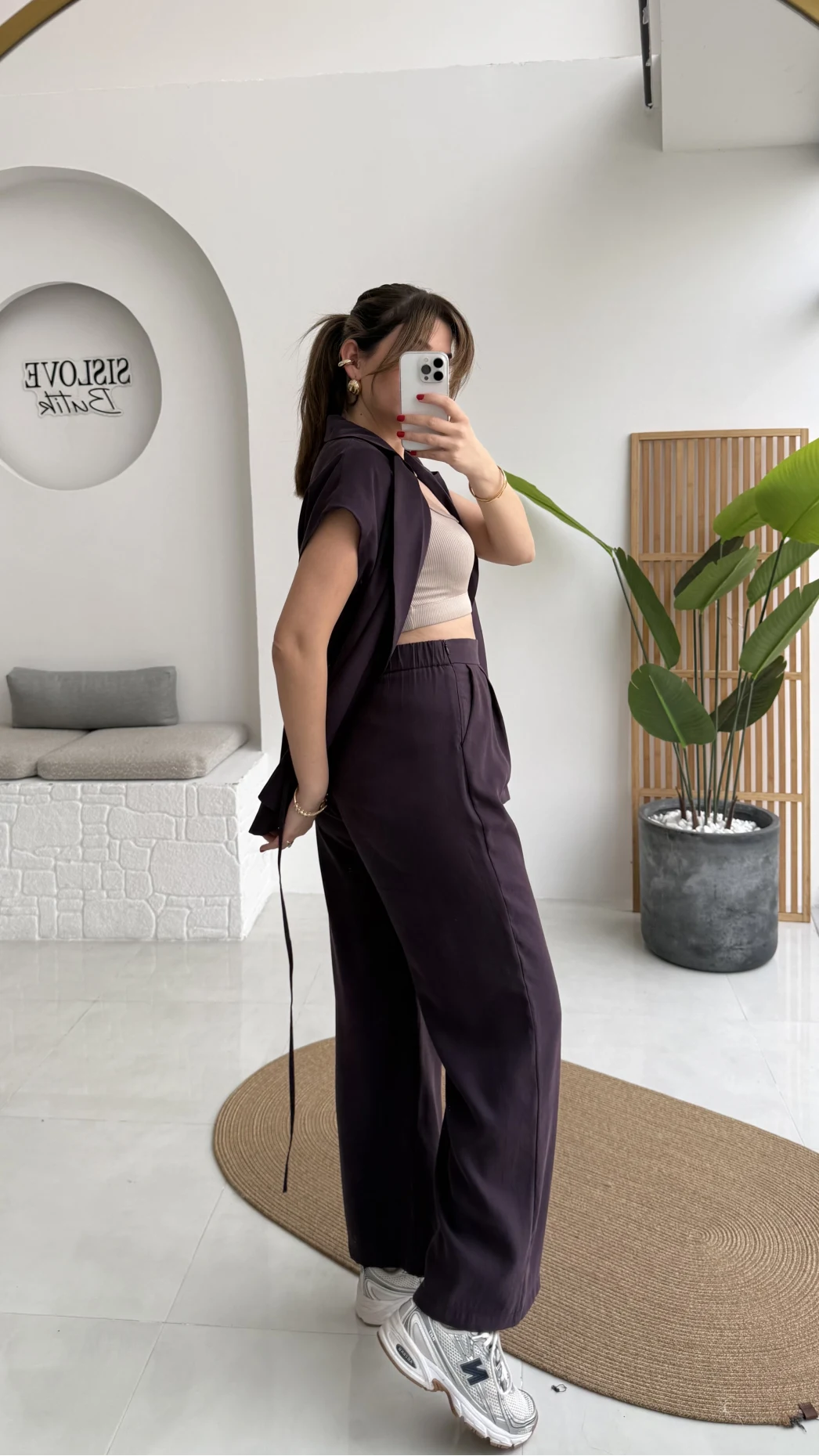 İp Bağlamalı Yelek Pantolon Takım - Mürdüm - Kod: 8021 4041