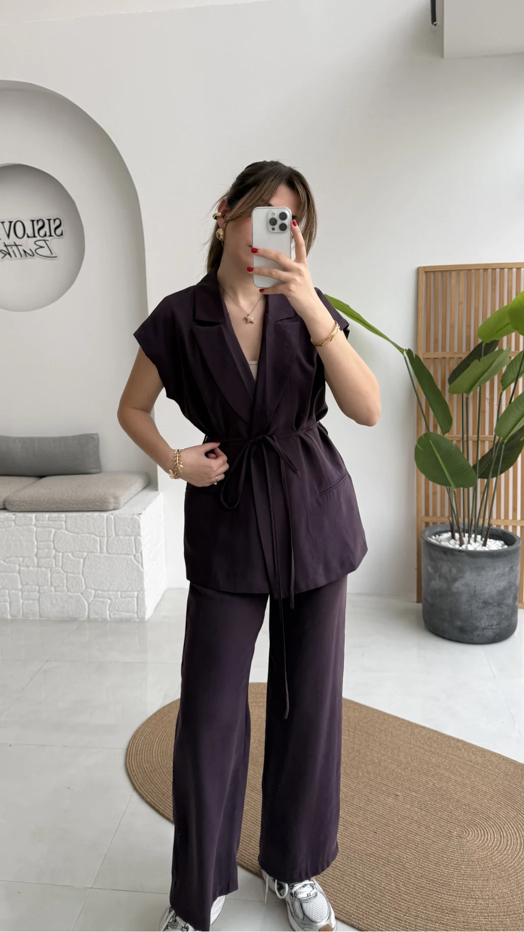 İp Bağlamalı Yelek Pantolon Takım - Mürdüm - Kod: 8021 4041