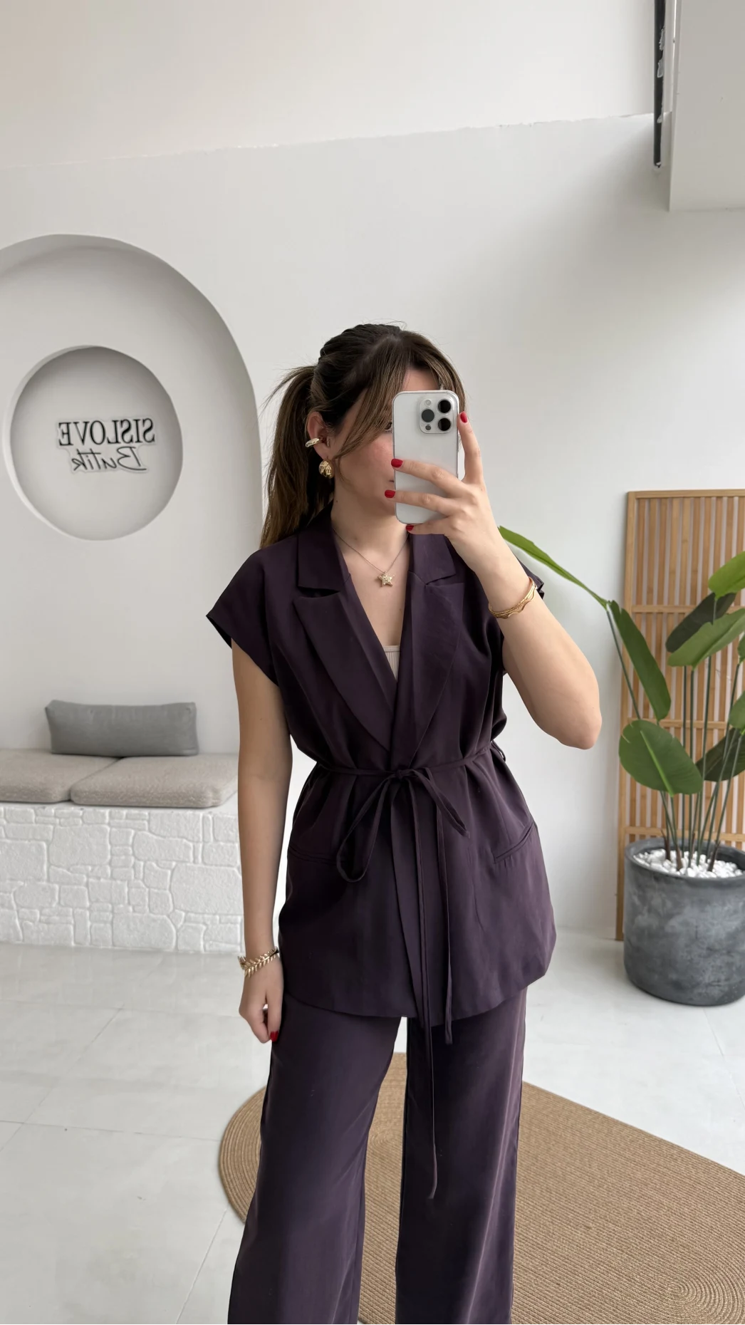 İp Bağlamalı Yelek Pantolon Takım - Mürdüm - Kod: 8021 4041