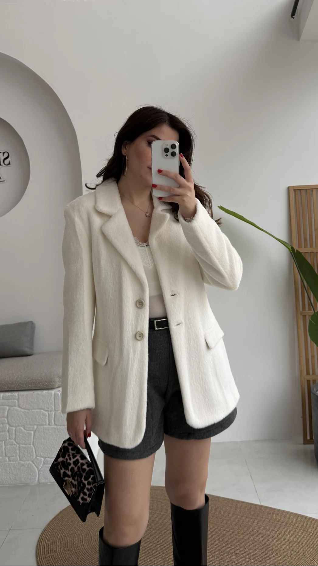 Peluş Düğmeli Blazer Ceket - Ekru - Kod: 508014