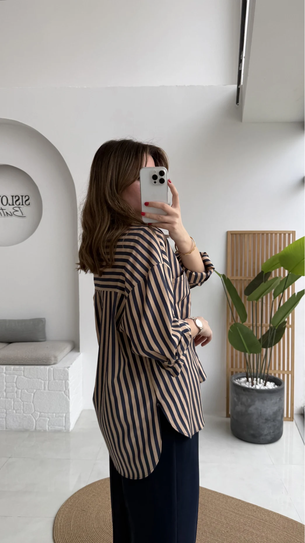 Luena Çizgili Gömlek - Camel-Lacivert - Kod: 4969