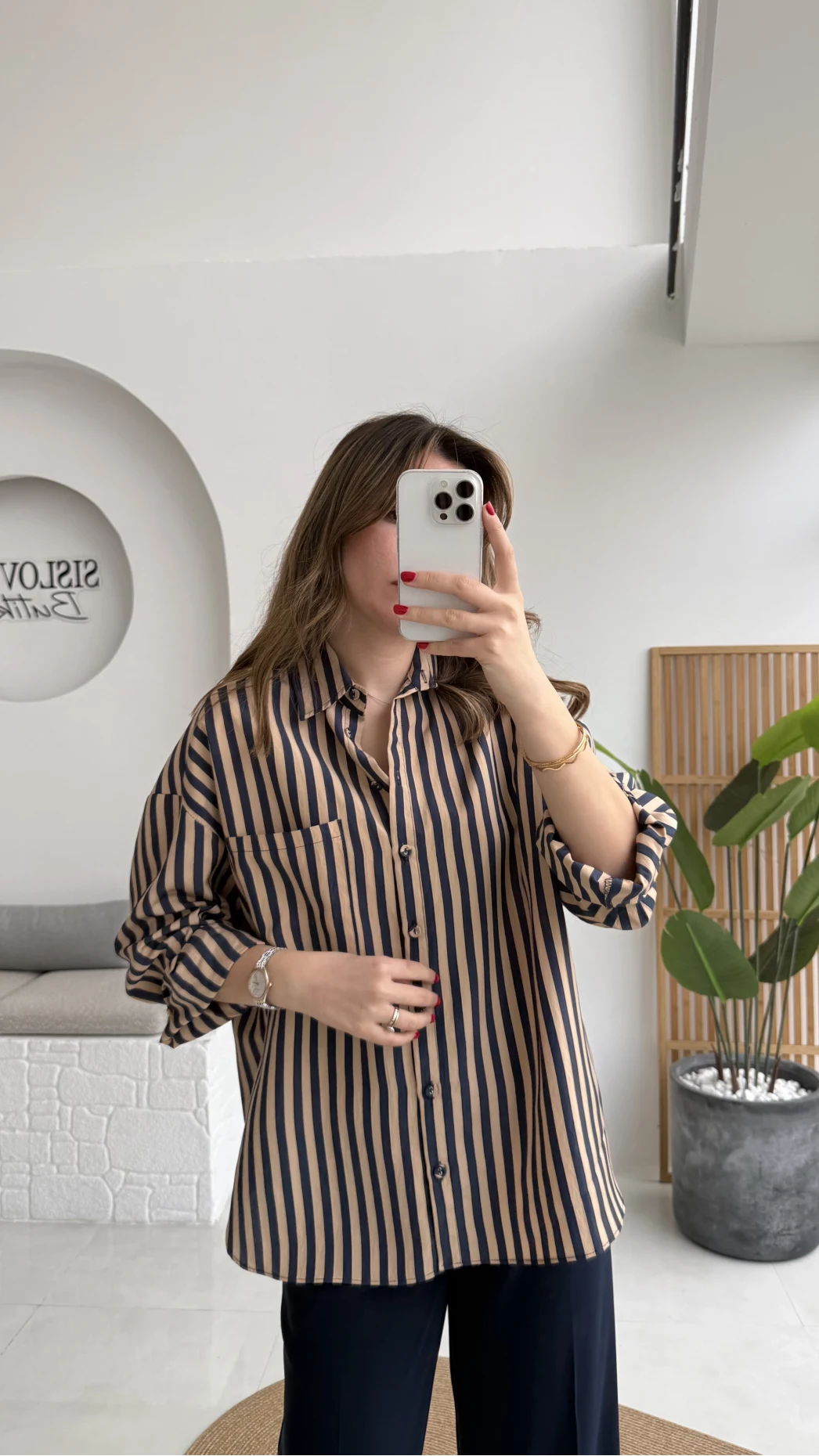 Luena Çizgili Gömlek - Camel-Lacivert - Kod: 4969