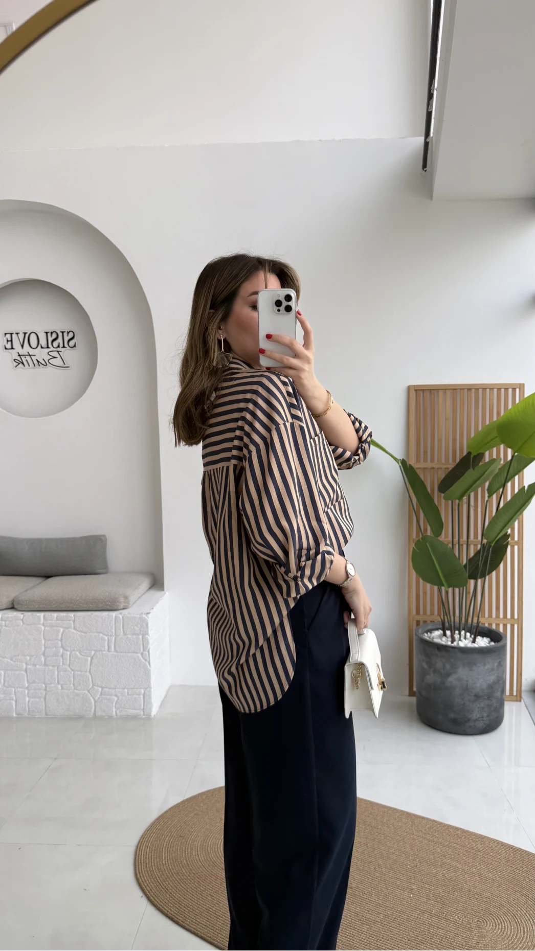 Luena Çizgili Gömlek - Camel-Lacivert - Kod: 4969