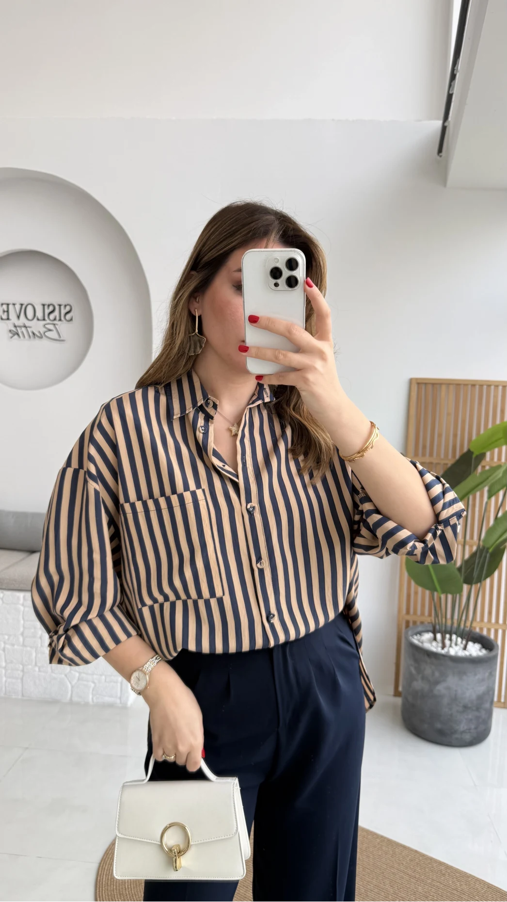 Luena Çizgili Gömlek - Camel-Lacivert - Kod: 4969