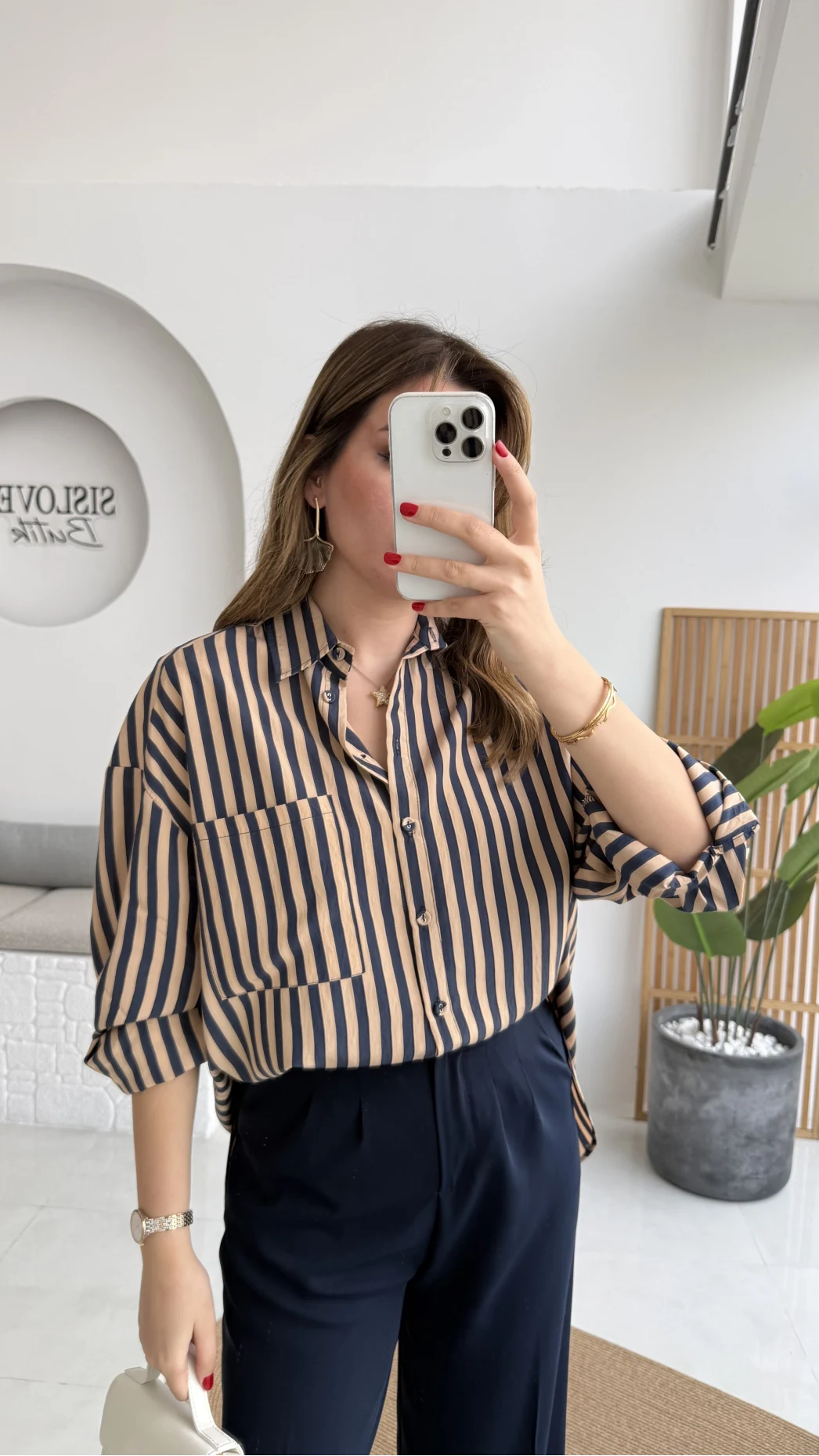 Luena Çizgili Gömlek - Camel-Lacivert - Kod: 4969