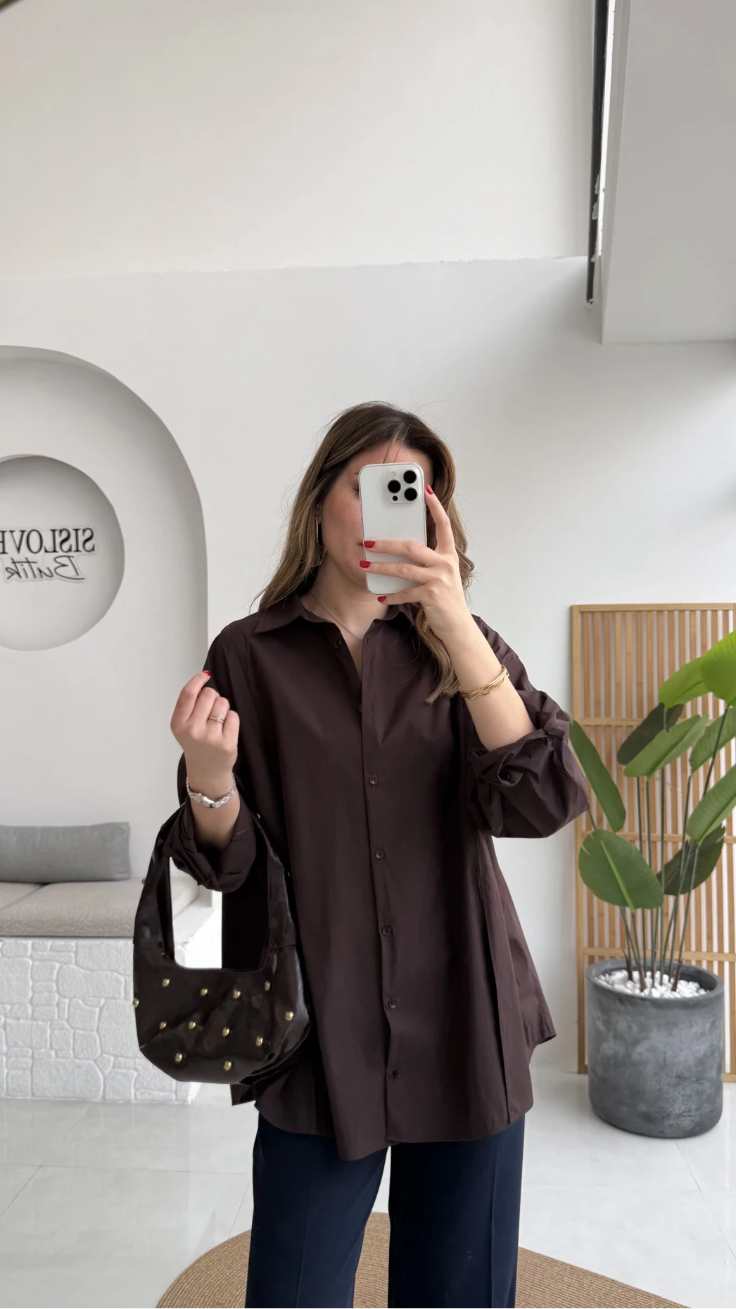 Önü Yırtmaçlı Gömlek - Kahve - Kod: 5010