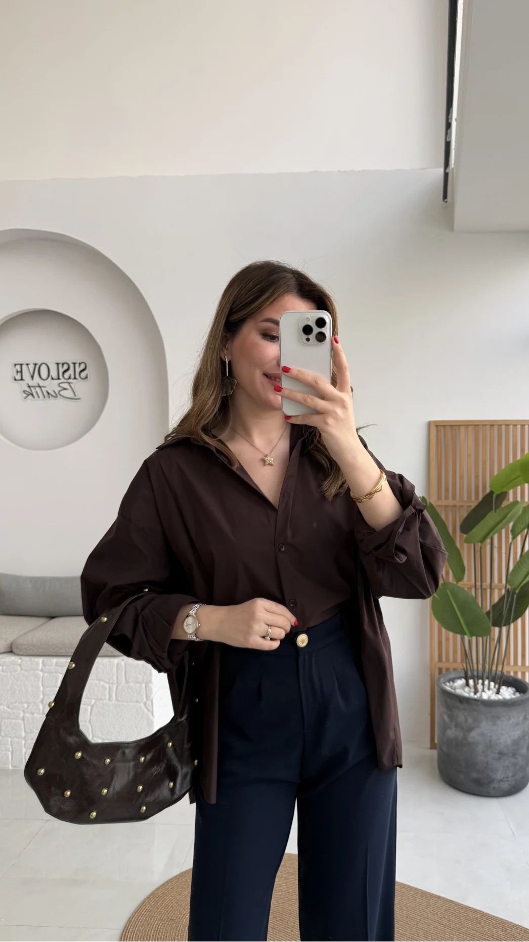 Önü Yırtmaçlı Gömlek - Kahve - Kod: 5010