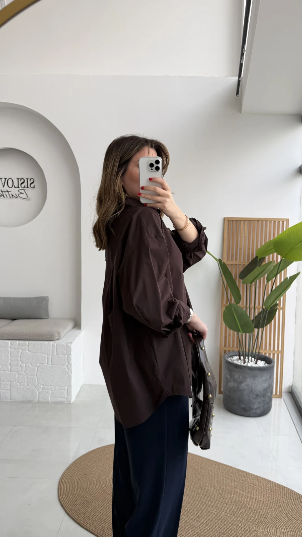 Önü Yırtmaçlı Gömlek - Kahve - Kod: 5010