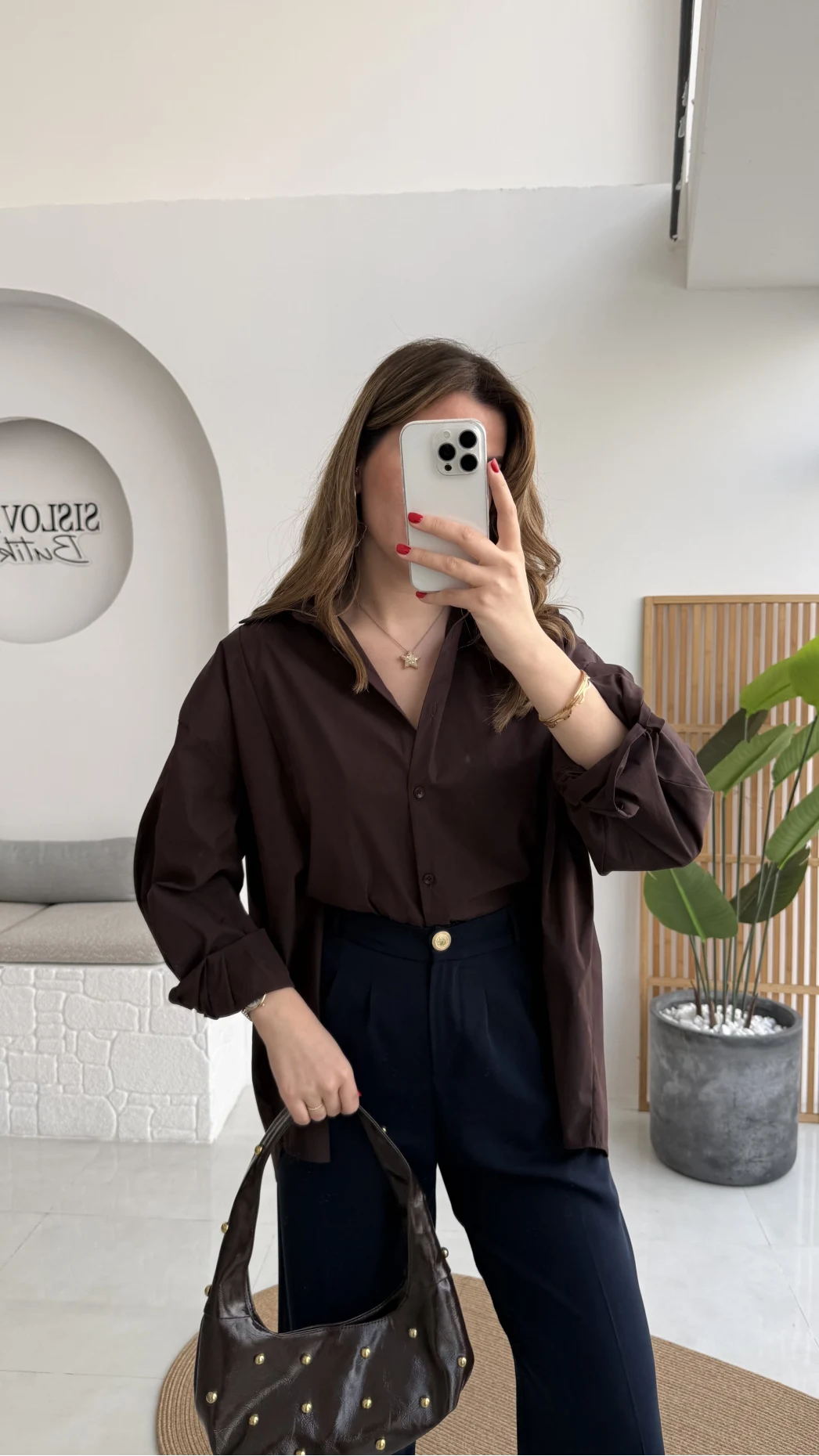 Önü Yırtmaçlı Gömlek - Kahve - Kod: 5010