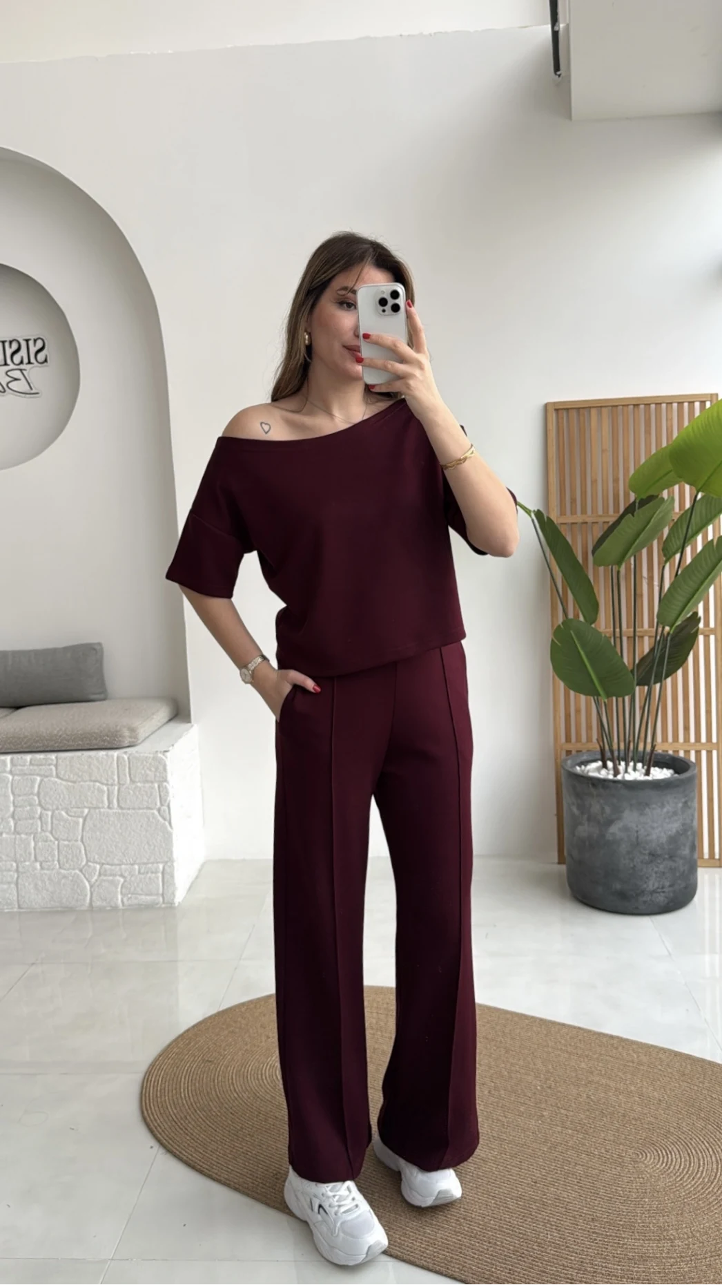 Sophia Kayık Yaka Yarım Kol Takım - Bordo