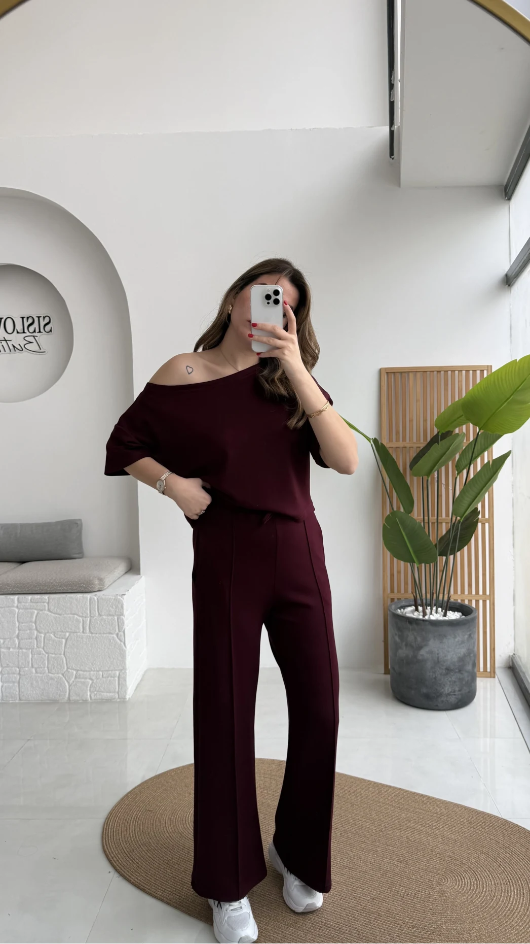 Sophia Kayık Yaka Yarım Kol Takım - Bordo