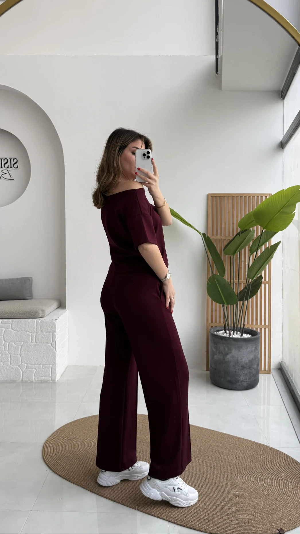 Sophia Kayık Yaka Yarım Kol Takım - Bordo