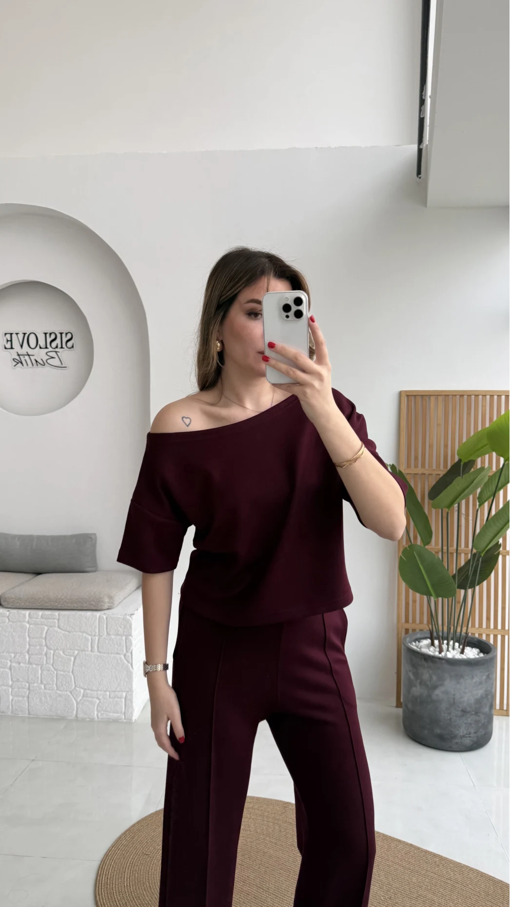 Sophia Kayık Yaka Yarım Kol Takım - Bordo