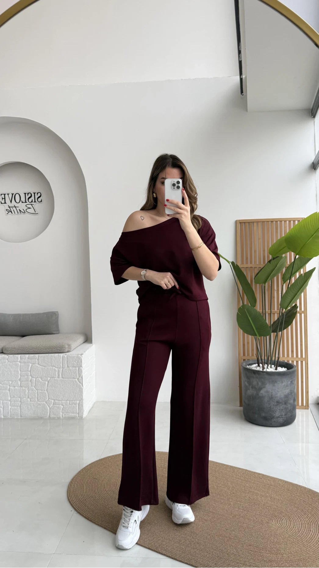 Sophia Kayık Yaka Yarım Kol Takım - Bordo