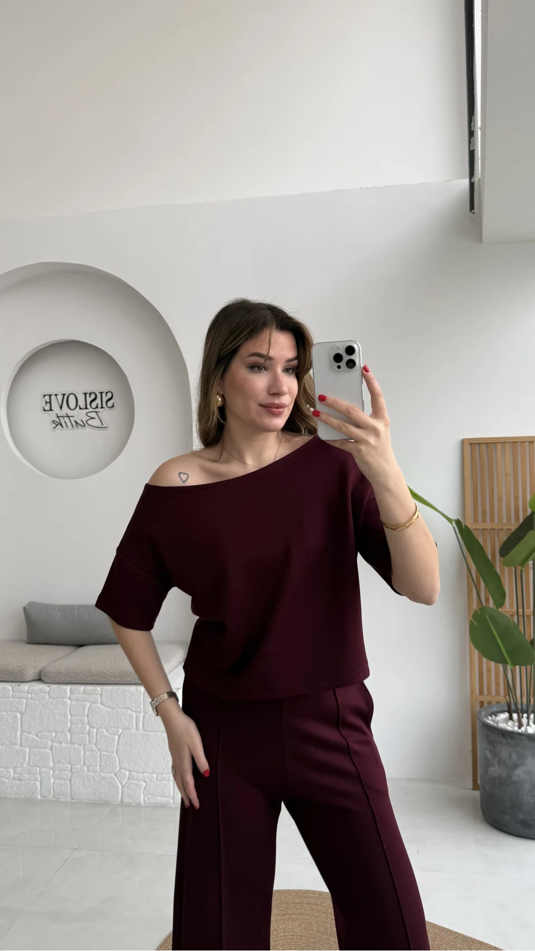 Sophia Kayık Yaka Yarım Kol Takım - Bordo