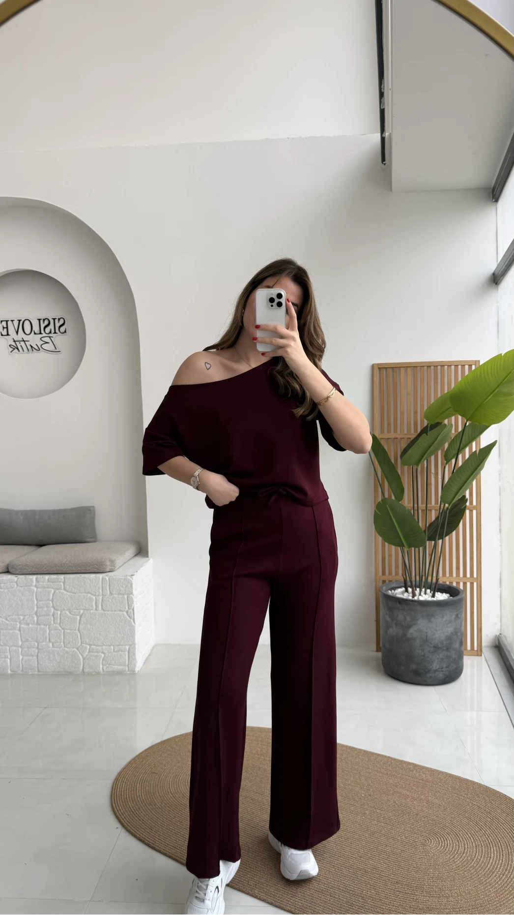 Sophia Kayık Yaka Yarım Kol Takım - Bordo