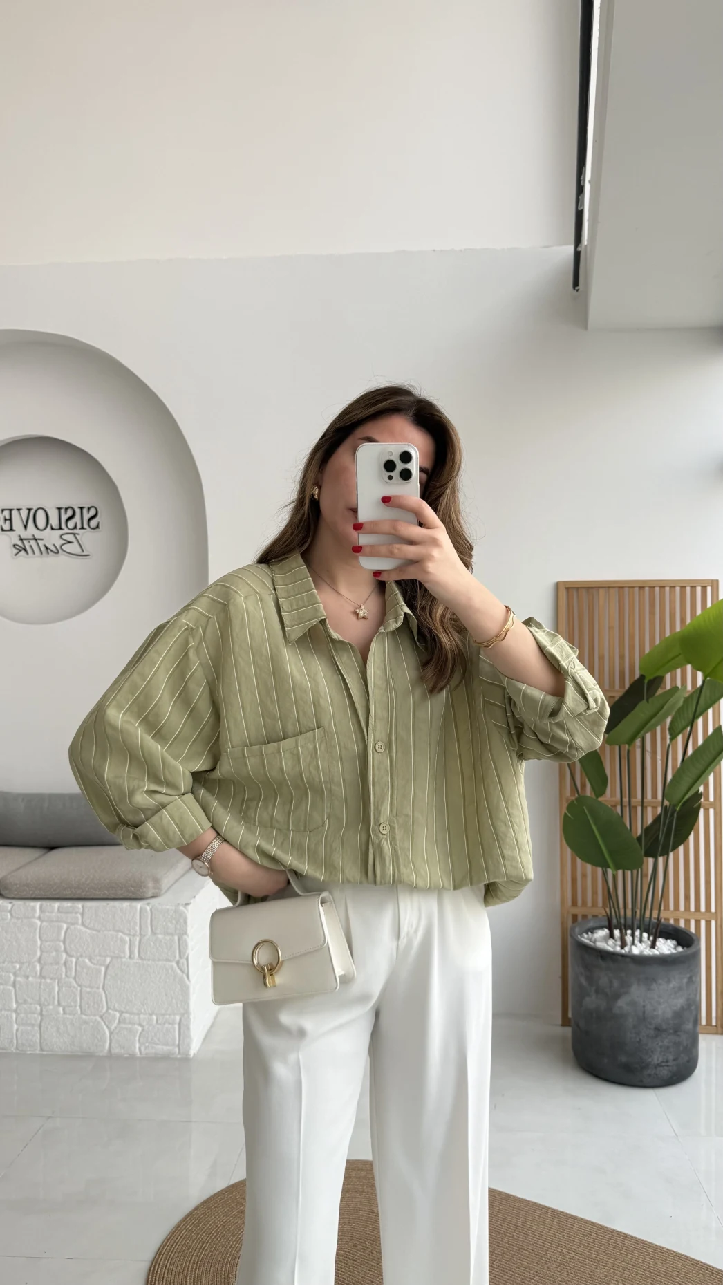 Tensel Oversize V Yaka Çizgili Gömlek - Haki - Kod: 4758