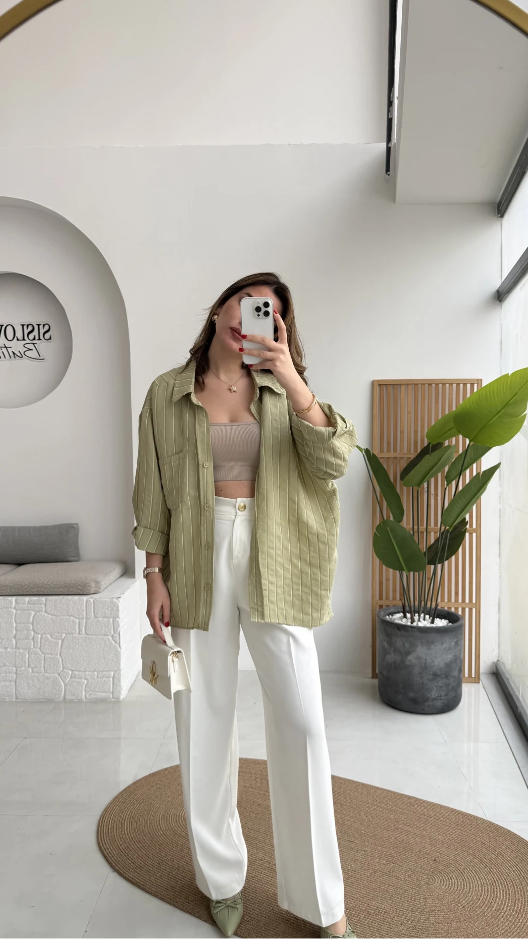 Tensel Oversize V Yaka Çizgili Gömlek - Haki - Kod: 4758