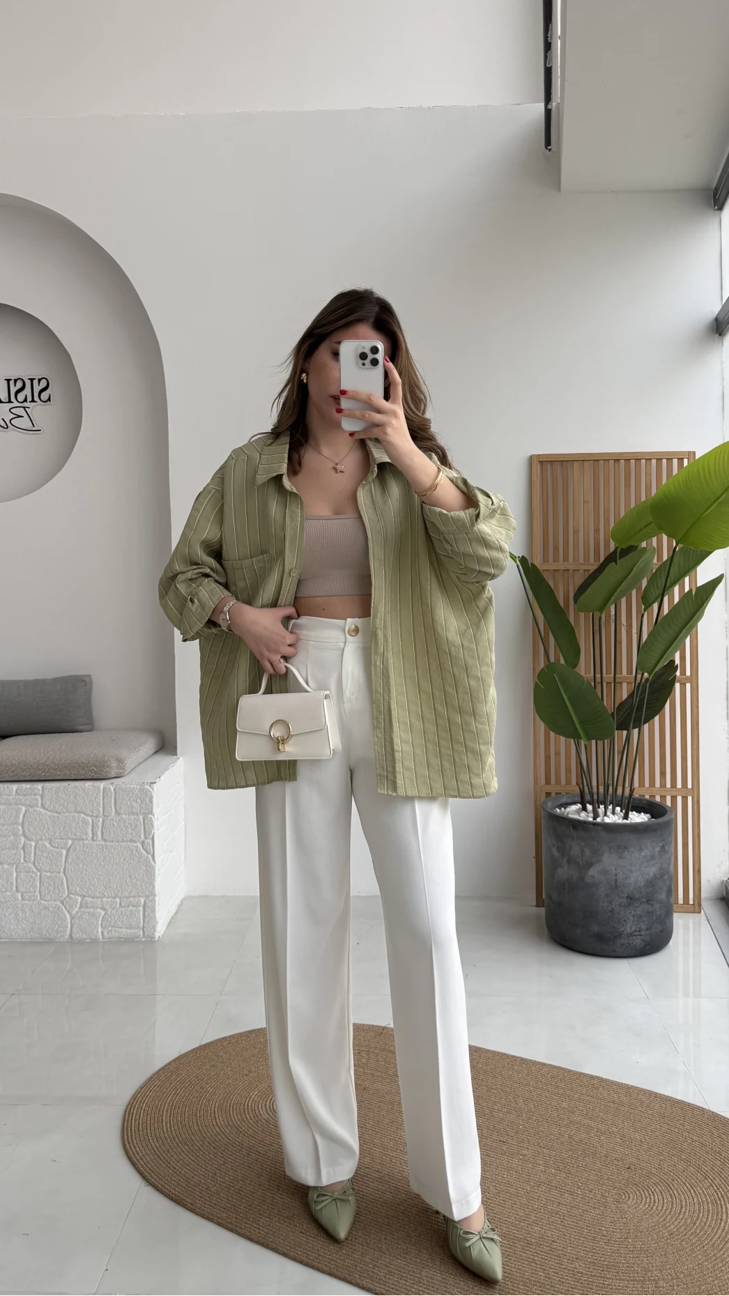 Tensel Oversize V Yaka Çizgili Gömlek - Haki - Kod: 4758