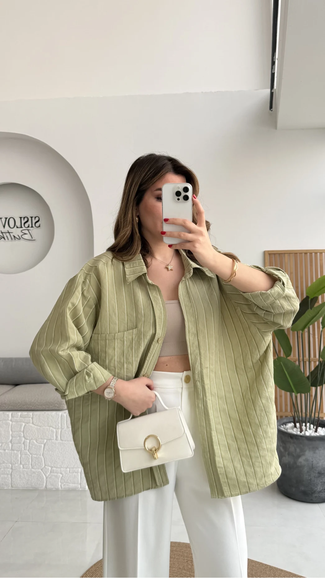 Tensel Oversize V Yaka Çizgili Gömlek - Haki - Kod: 4758