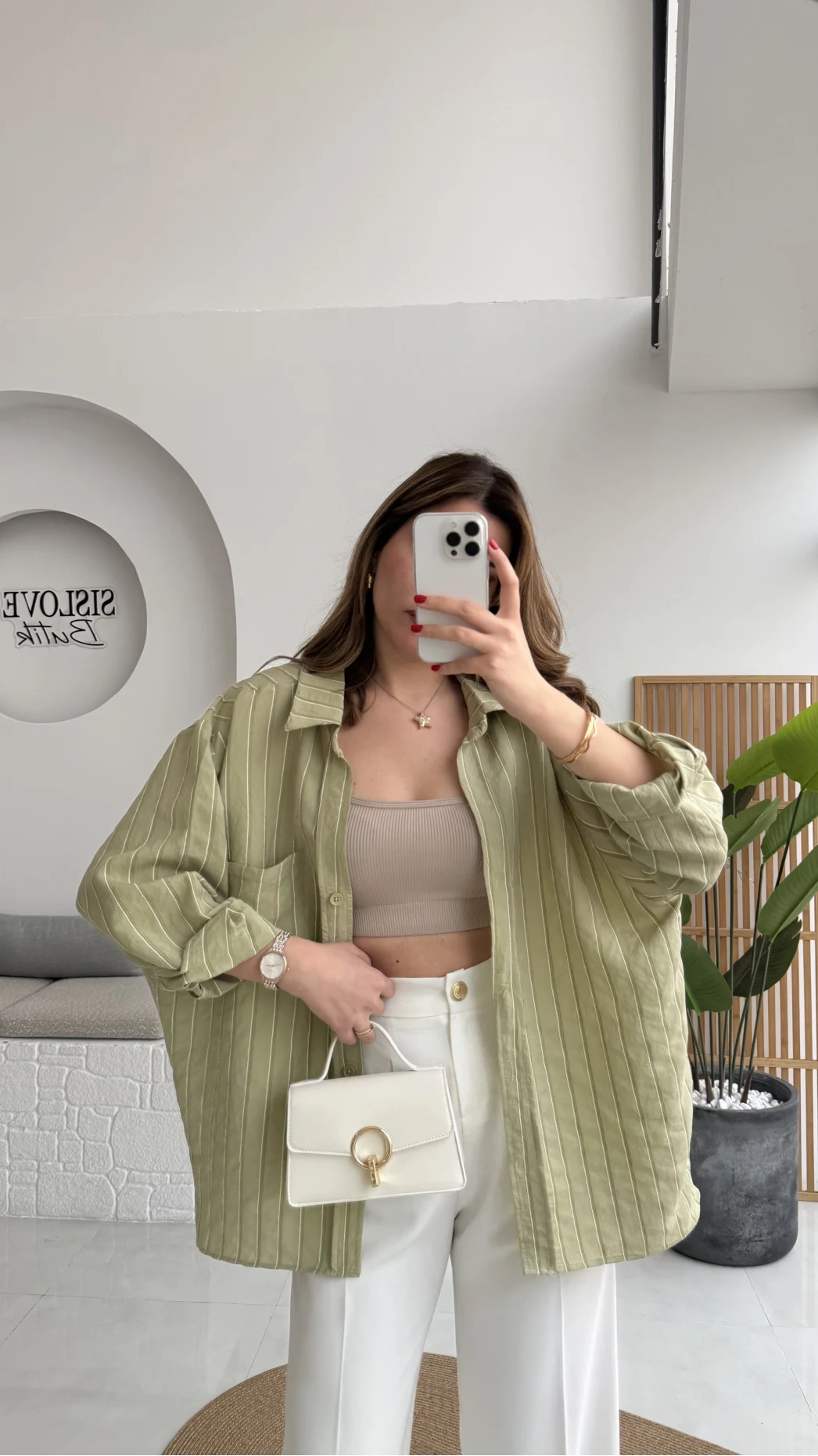 Tensel Oversize V Yaka Çizgili Gömlek - Haki - Kod: 4758