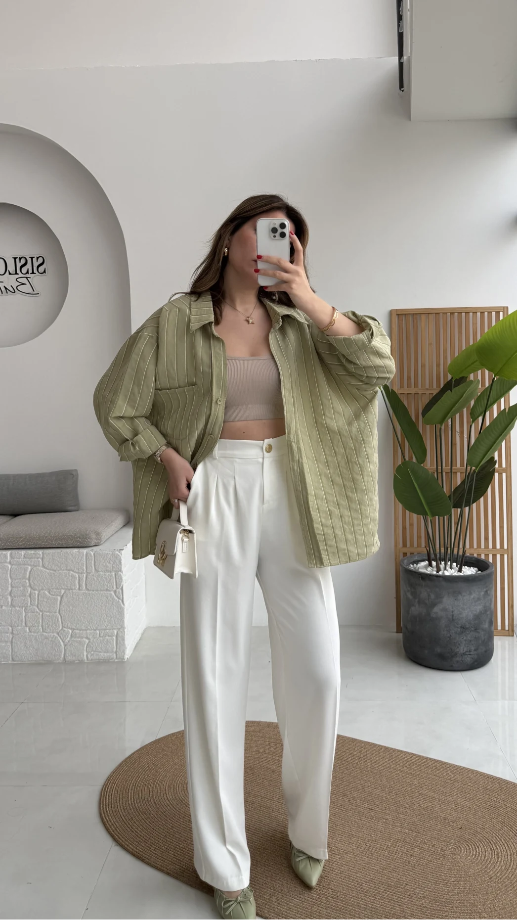 Tensel Oversize V Yaka Çizgili Gömlek - Haki - Kod: 4758