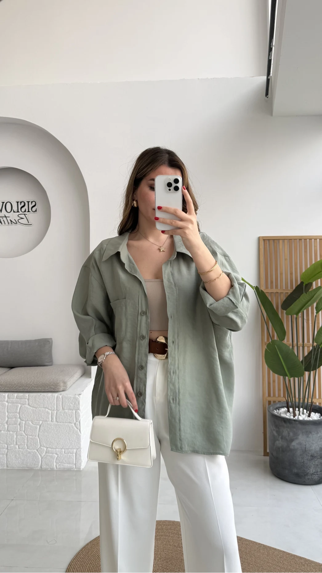 Çağla Yeşili Oversize Tensel Gömlek Kod: 4612