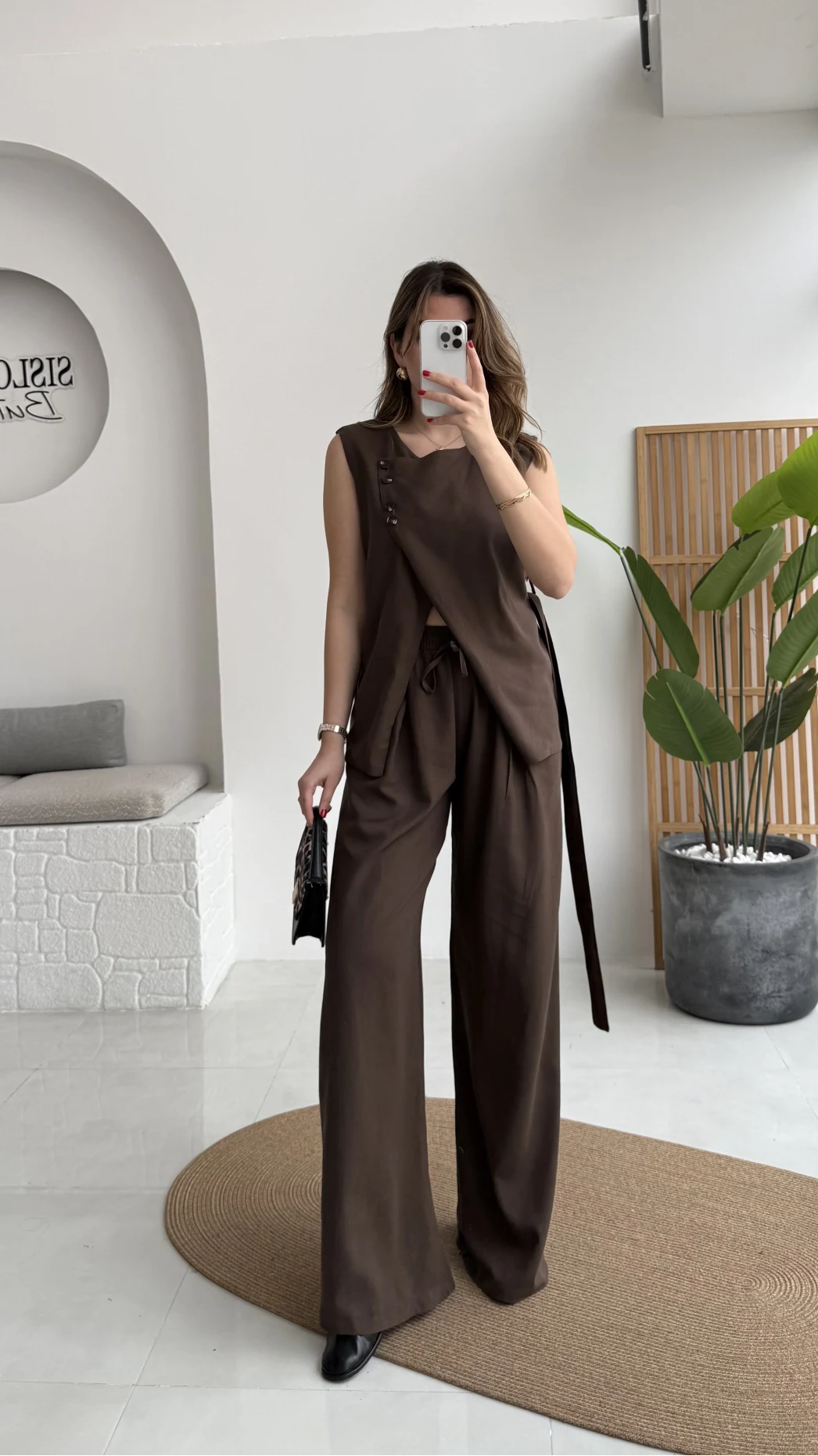 Butterfly Yakası Düğme Detay Kuşaklı Yelek Takım - Kahverengi