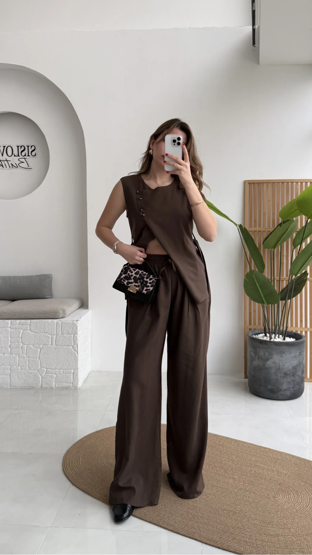 Butterfly Yakası Düğme Detay Kuşaklı Yelek Takım - Kahverengi