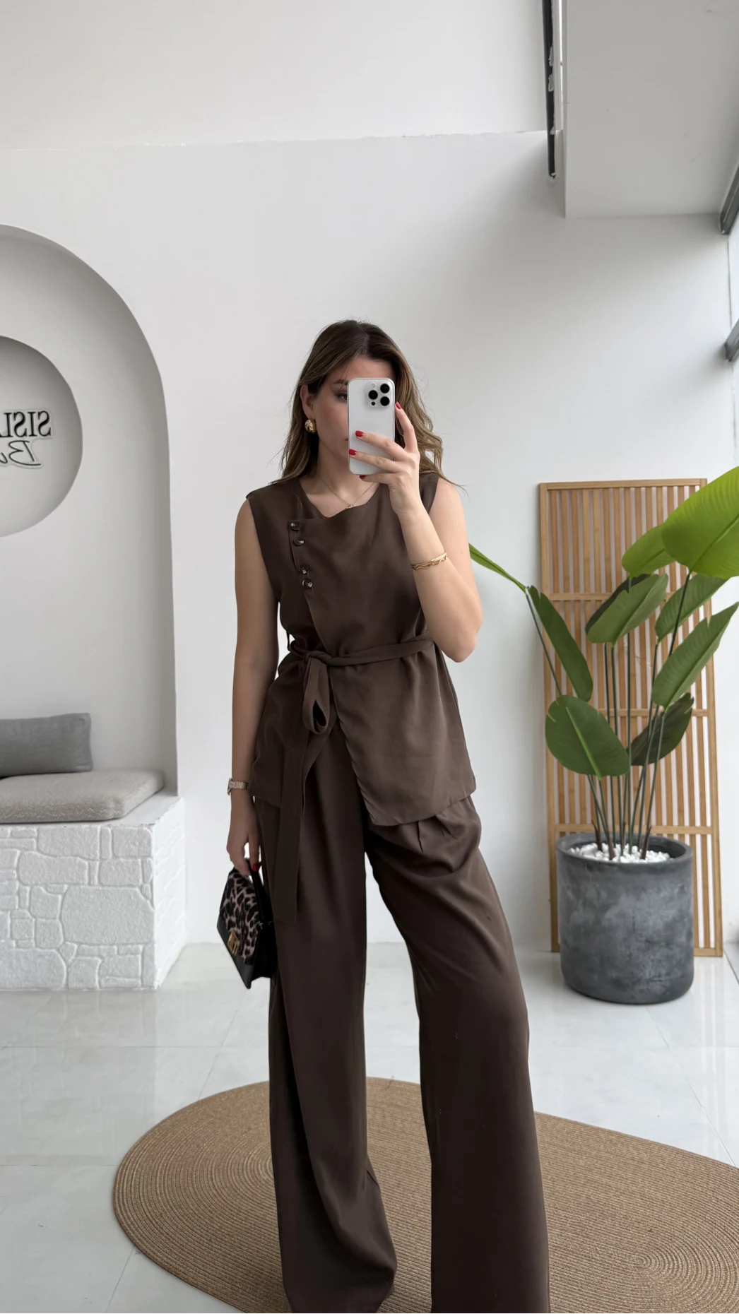 Butterfly Yakası Düğme Detay Kuşaklı Yelek Takım - Kahverengi