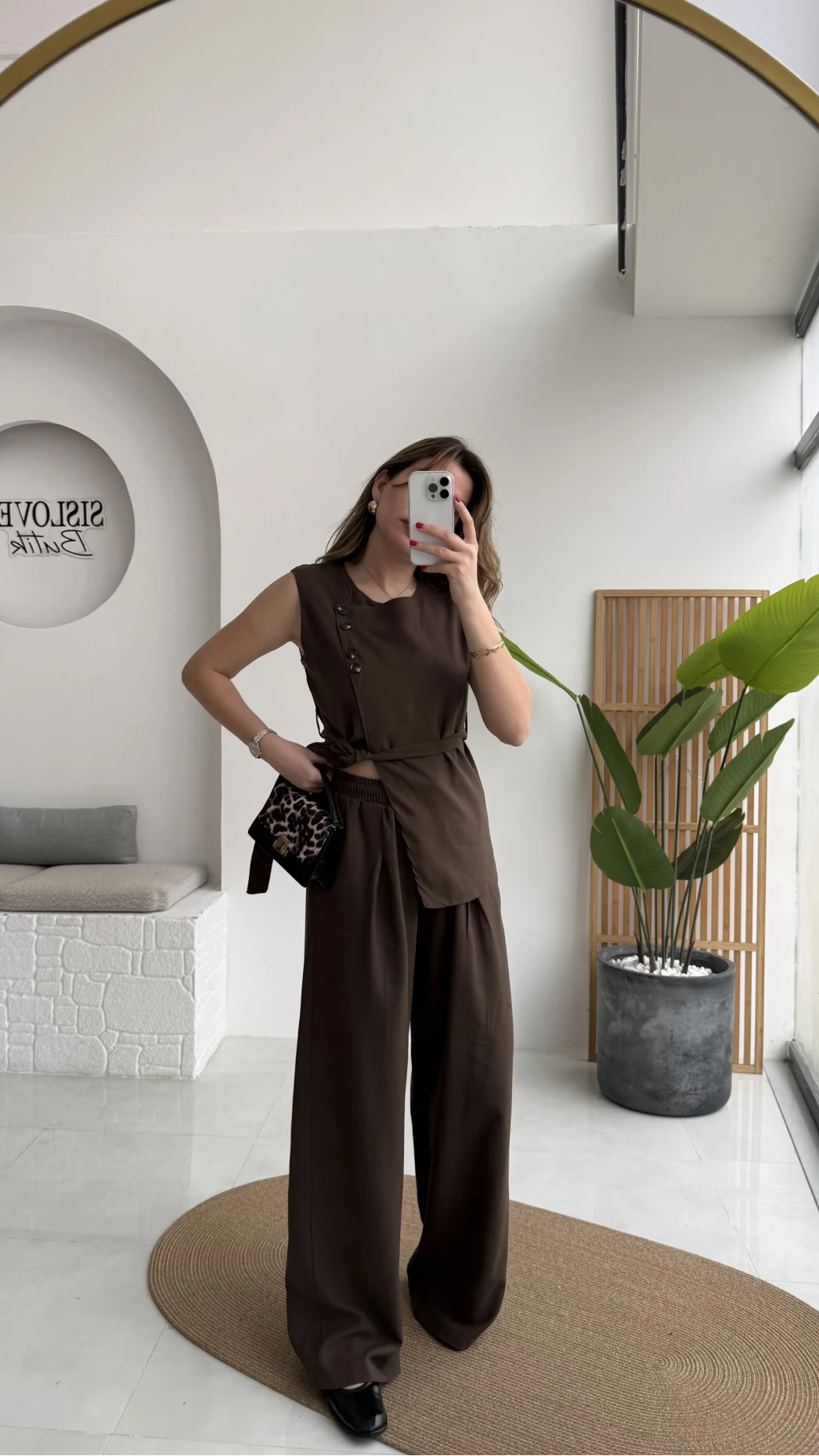 Butterfly Yakası Düğme Detay Kuşaklı Yelek Takım - Kahverengi