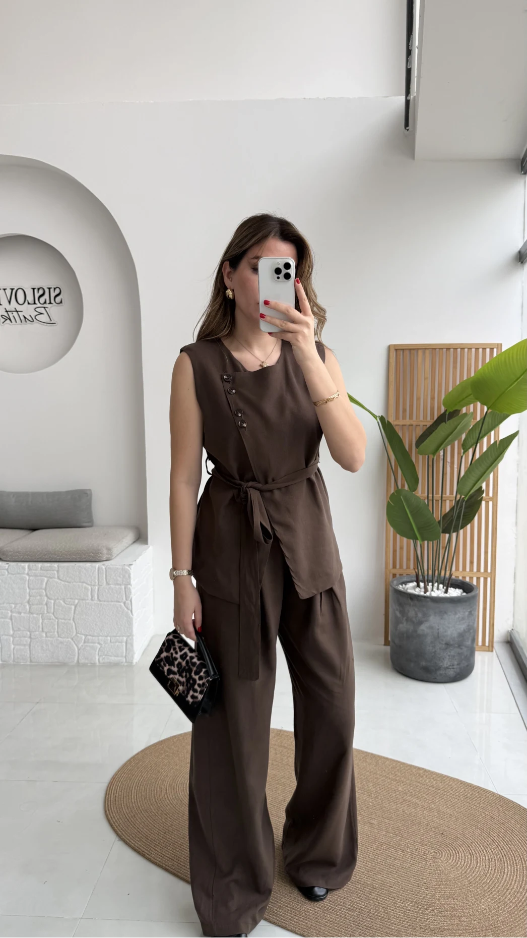 Butterfly Yakası Düğme Detay Kuşaklı Yelek Takım - Kahverengi