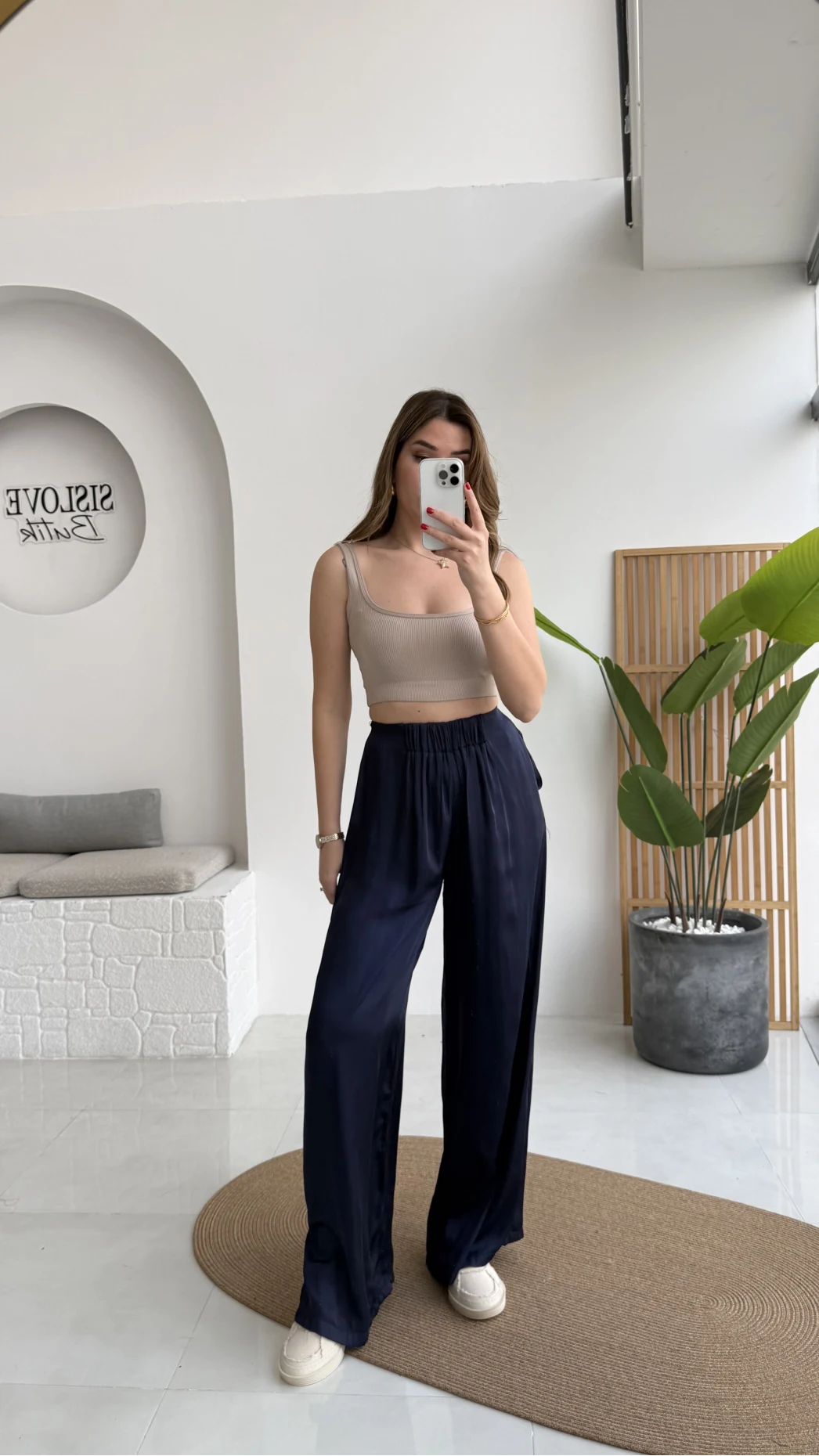 Bel Ortası Lastikli Saten Pantolon - Lacivert - Kod: 51297