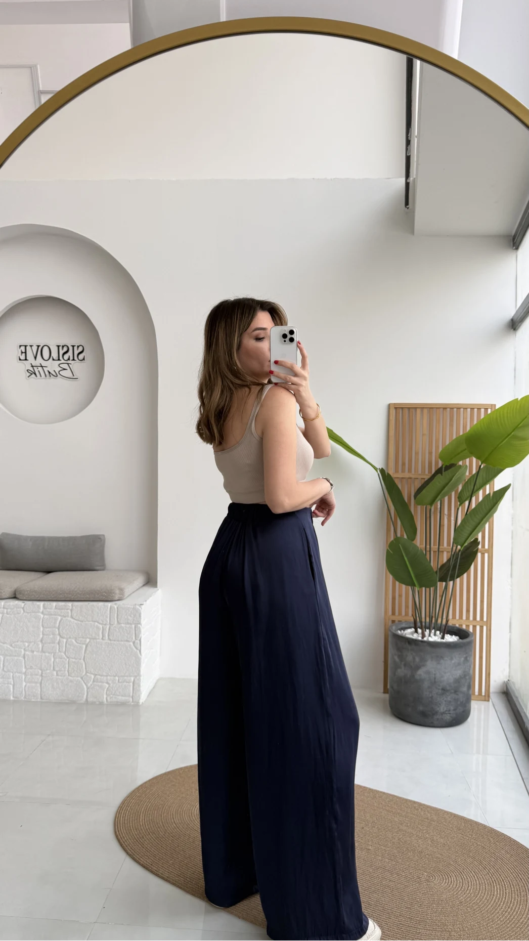 Bel Ortası Lastikli Saten Pantolon - Lacivert - Kod: 51297