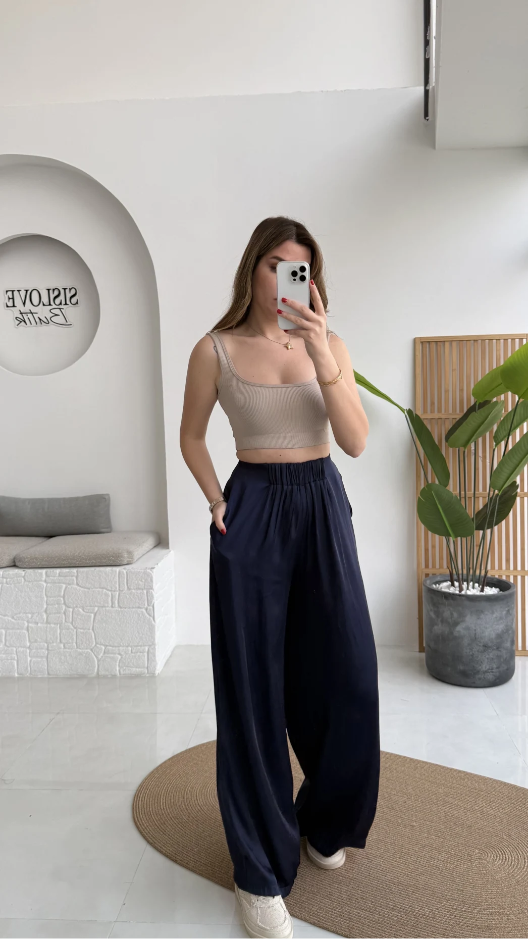 Bel Ortası Lastikli Saten Pantolon - Lacivert - Kod: 51297