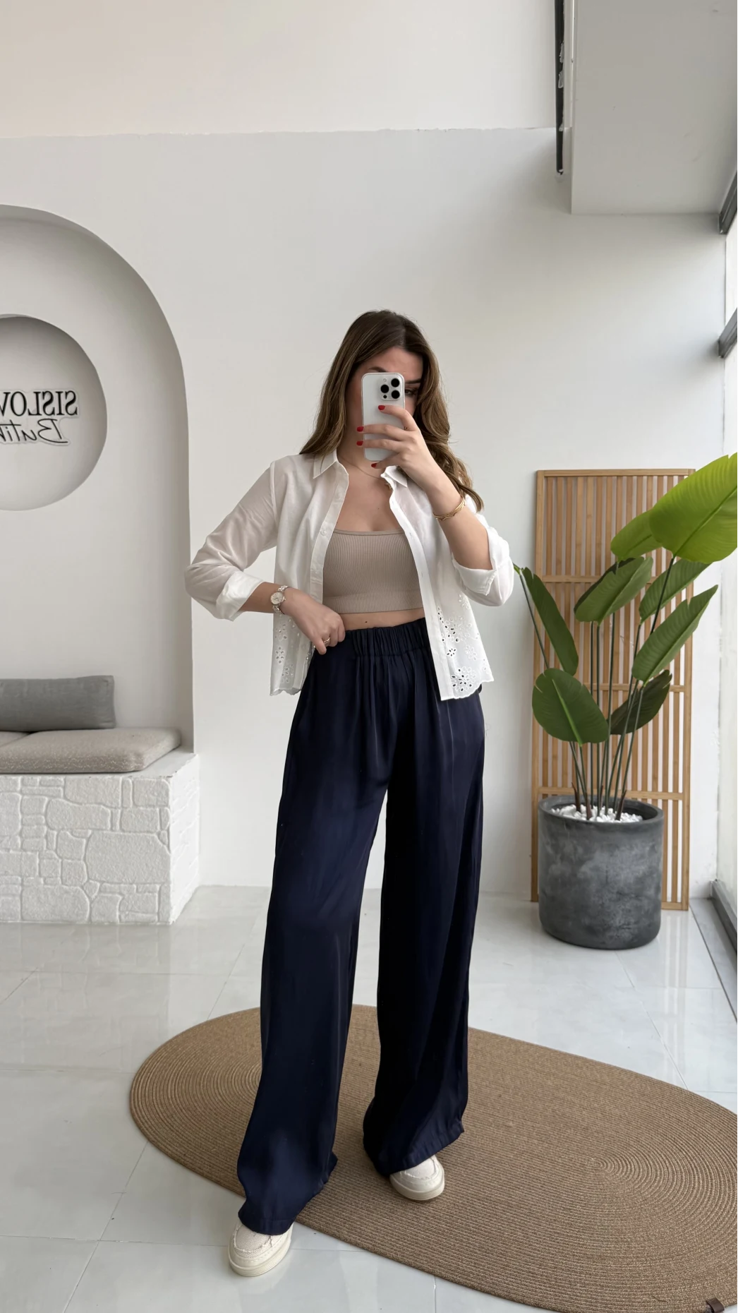 Bel Ortası Lastikli Saten Pantolon - Lacivert - Kod: 51297