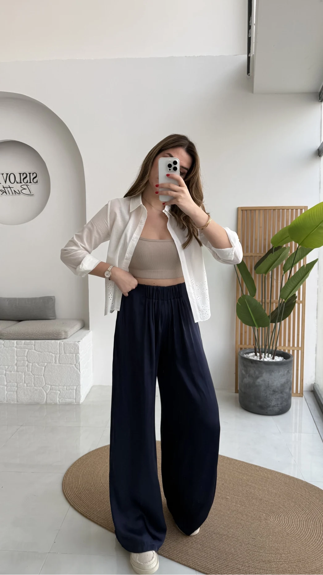 Bel Ortası Lastikli Saten Pantolon - Lacivert - Kod: 51297