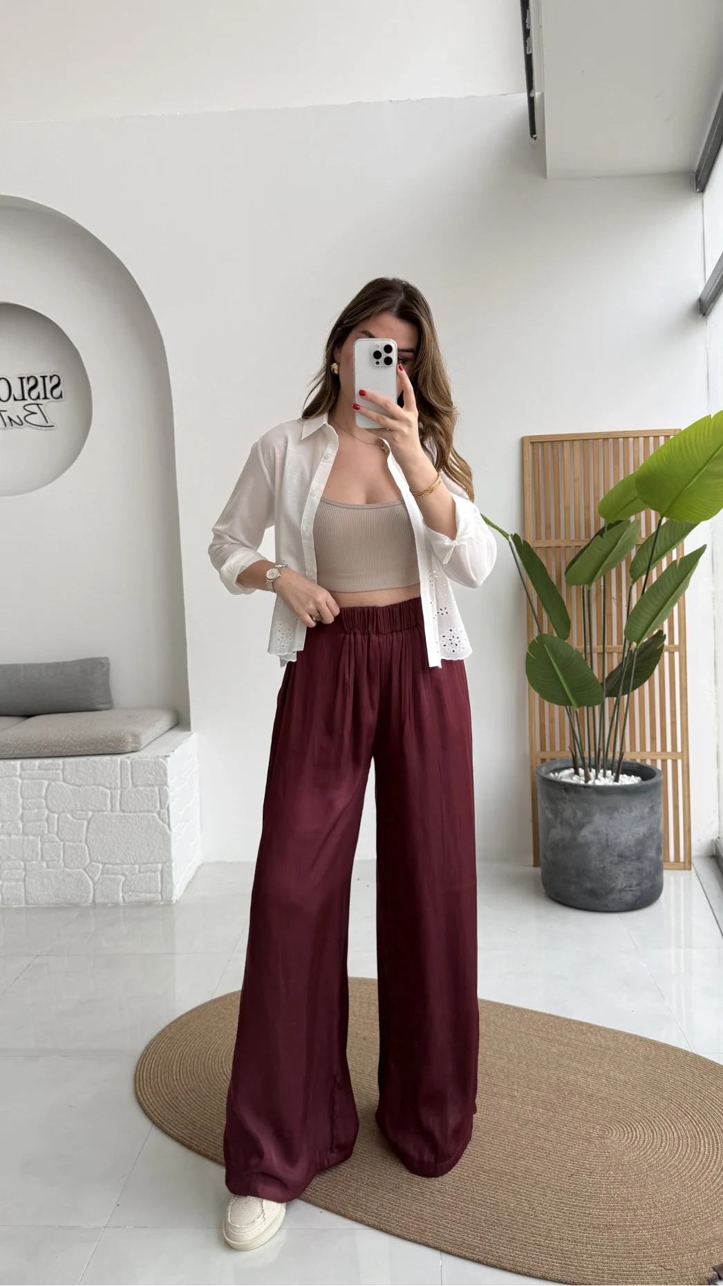 Bel Ortası Lastikli Saten Pantolon - Bordo - Kod: 51297